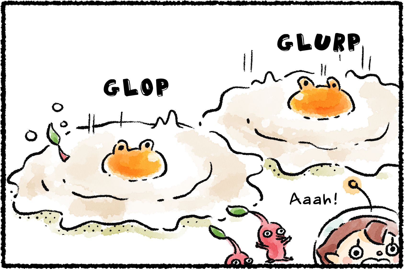 Panel one. Two Sunsquishes are chasing after a terrified Rescue Officer and two Red Pikmin.