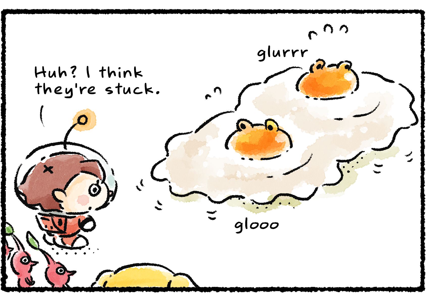 Panel two. During the chase, the Sunsquishes collide and their bodies get stuck together. "Huh?" the Rescue Officer says, turning around. "I think they're stuck."