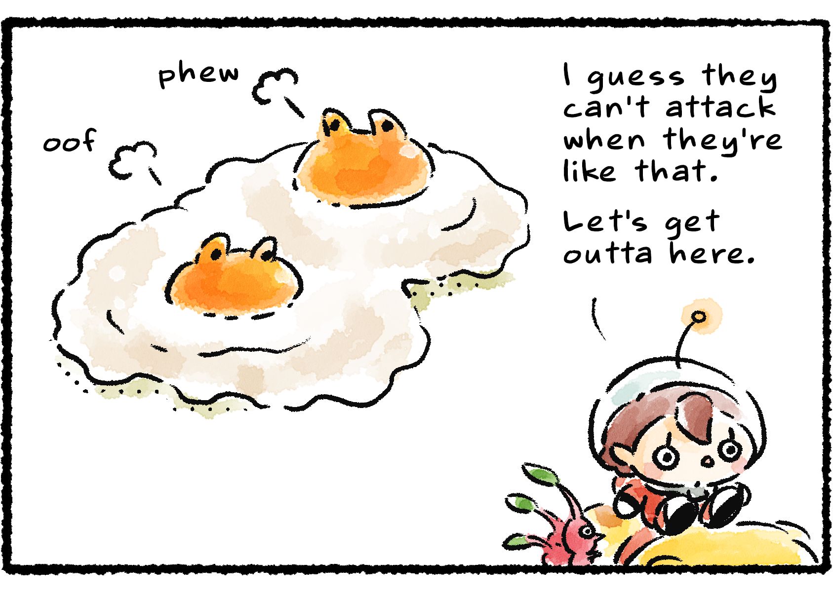 Panel three. The Sunsquishes try to keep chasing, but they can't move. "I guess they can't attack when they're like that," the Rescue Officer says, mounting up on Oatchi. "Let's get outta here."