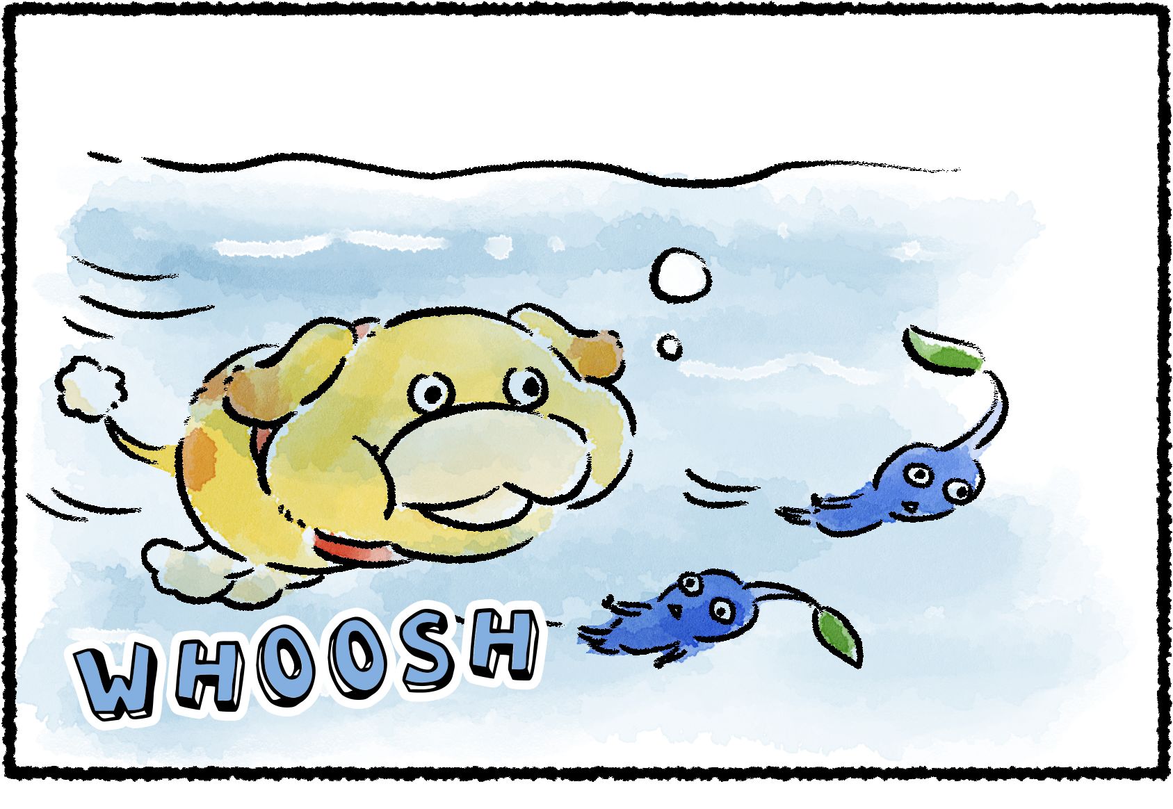 Panel one. Oatchi is swimming underwater with two Blue Pikmin.