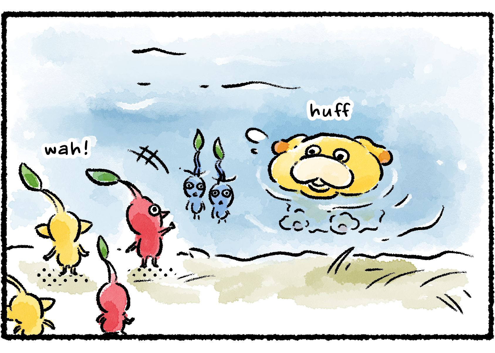 Panel two. Oatchi and the Blue Pikmin surface to find some Red and Yellow Pikmin waiting for them on the shore.