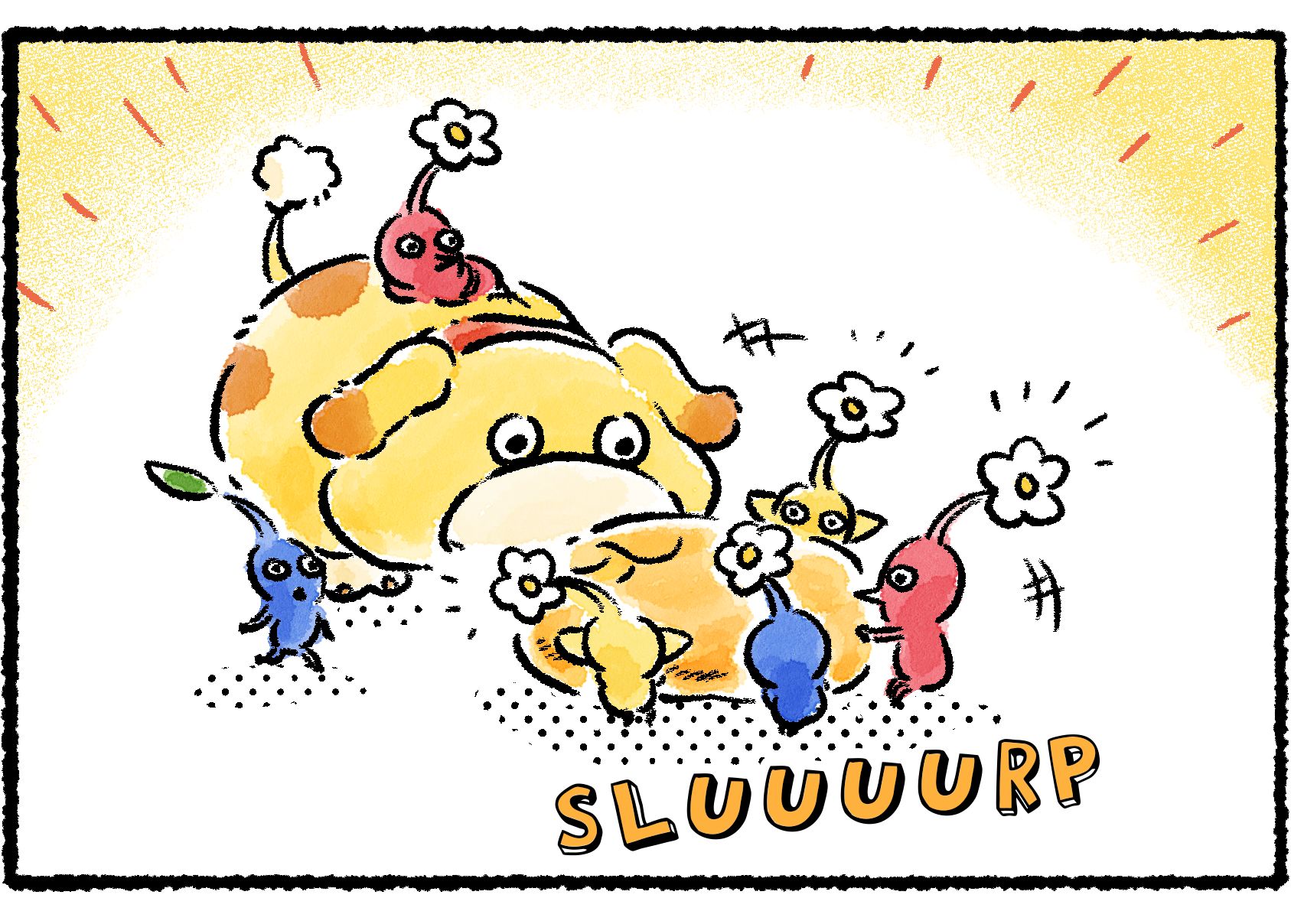 Panel three. Oatchi and all the Pikmin enjoy a drop of nectar together.