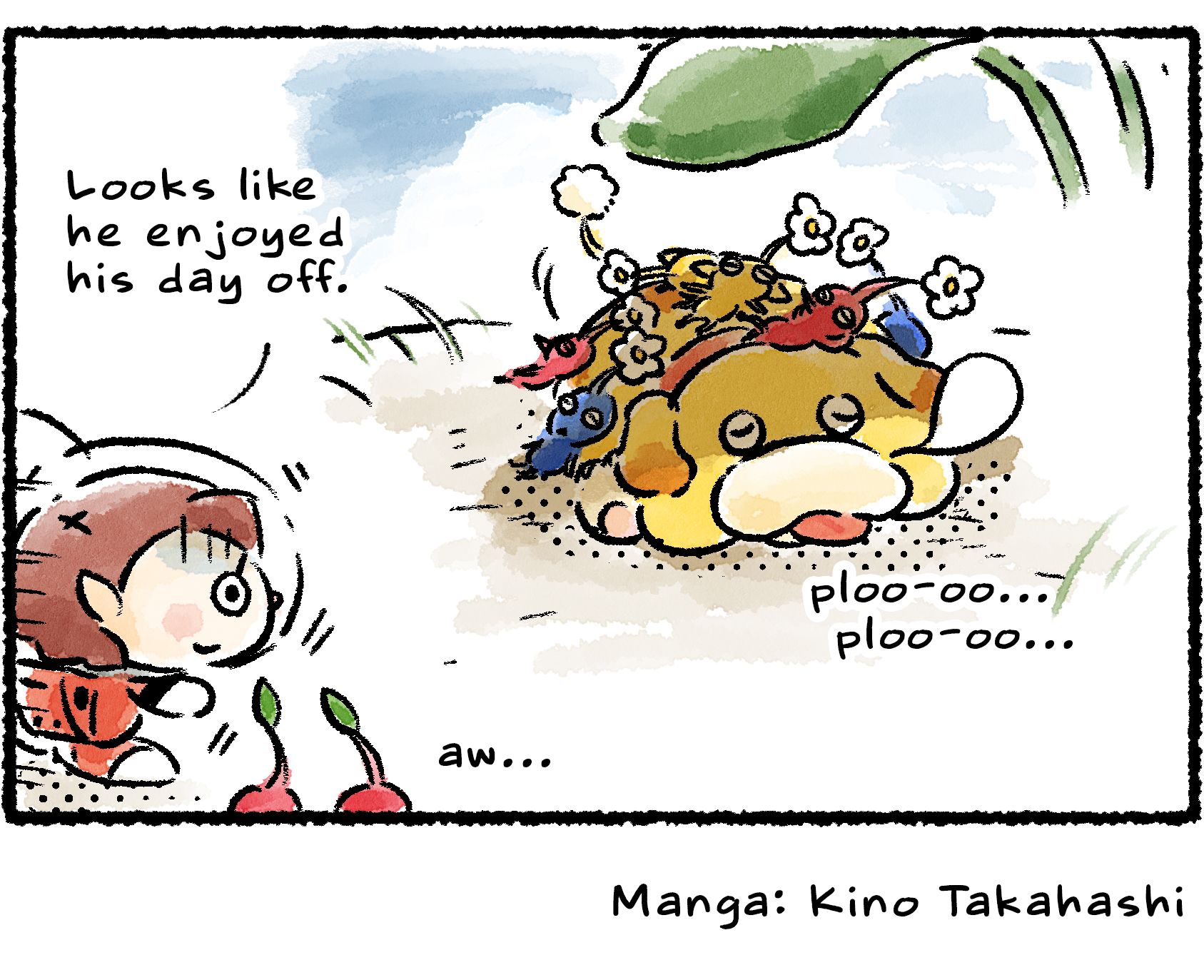 Panel four. Oatchi snoozes under the shadow of a leaf, covered in the Pikmin he spent his day with. "Looks like he enjoyed his day off," a nearby Rescue Officer says.