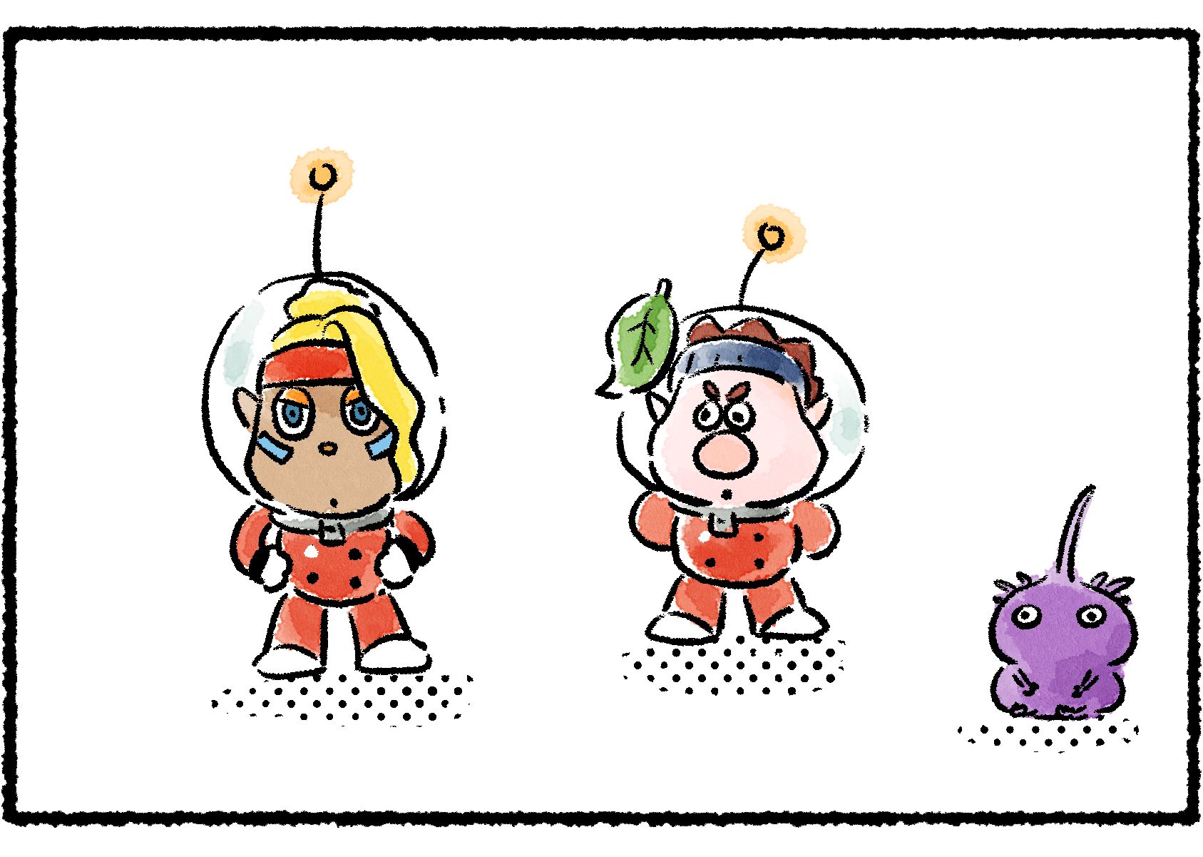 Panel two. Dingo stands near Shepherd with a leaf stuck to his helmet. Shepherd doesn't notice him. A Purple Pikmin sits nearby, its stem missing a leaf.