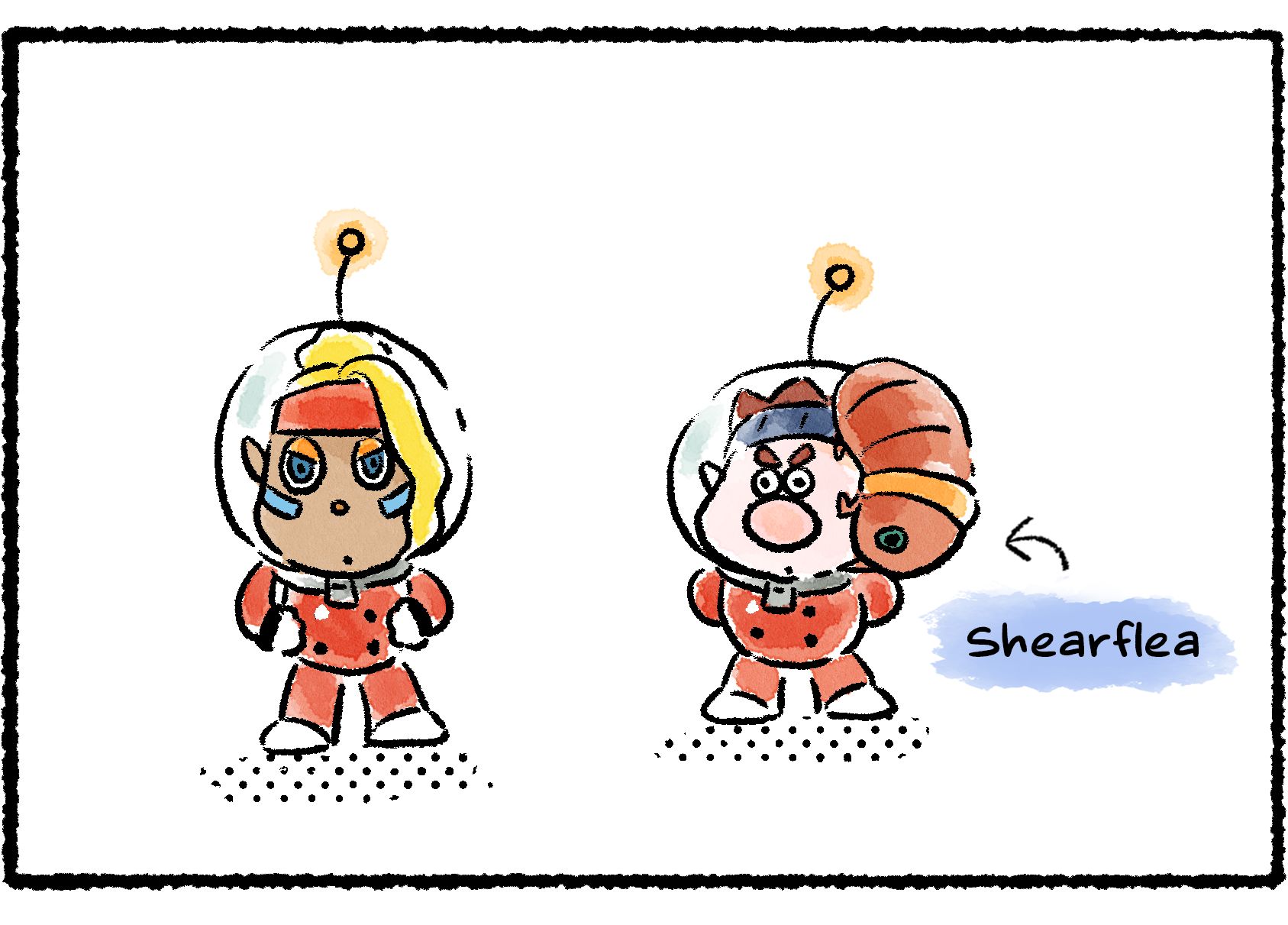 Panel three. Dingo stands next to Shepherd again, this time with a Shearflea stuck to his helmet. Again, Shepherd fails to notice.