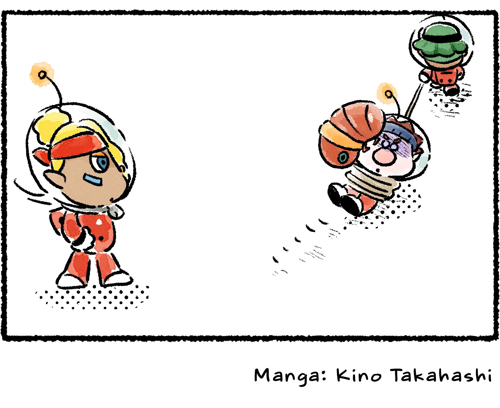 Panel four. Shepherd finally turns to look, and is confused to see that Yonny has tied Dingo up and is dragging him away. The Shearflea is still stuck to his helmet.