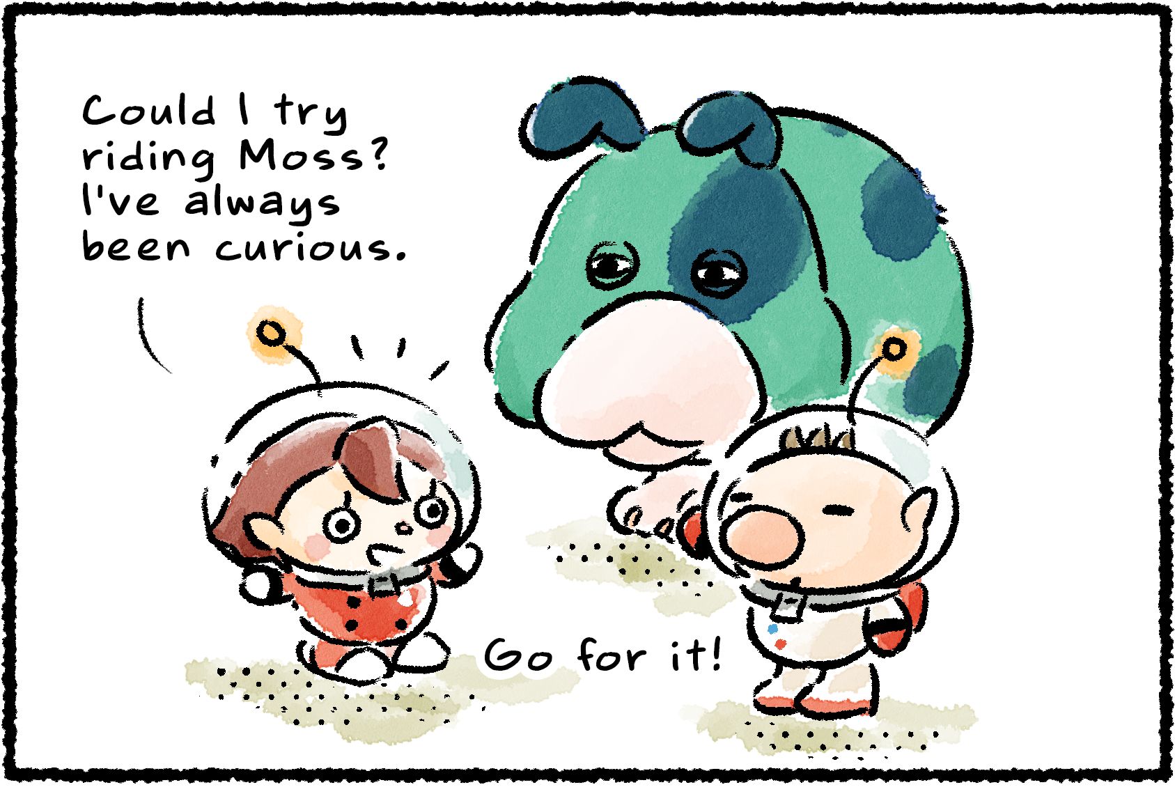 Panel one. A Rescue Officer approaches Olimar and Moss. "Could I try riding Moss?" she asks. "I've always been curious." Olimar says, "Go for it!"