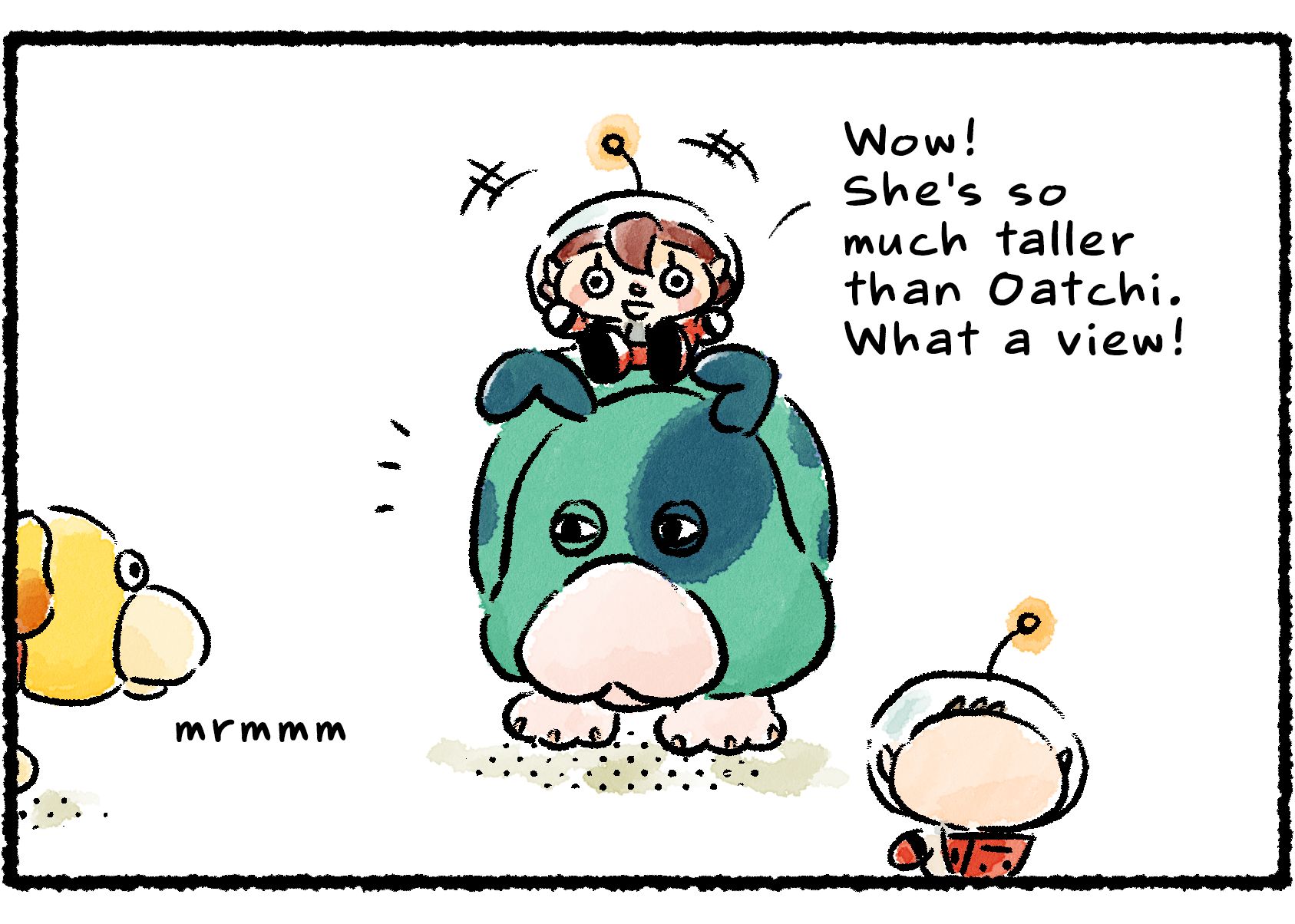 Panel two. The Rescue Officer sits on Moss's back. "Wow!" she says. "She's so much taller than Oatchi. What a view!" Oatchi stands nearby, grumbling.