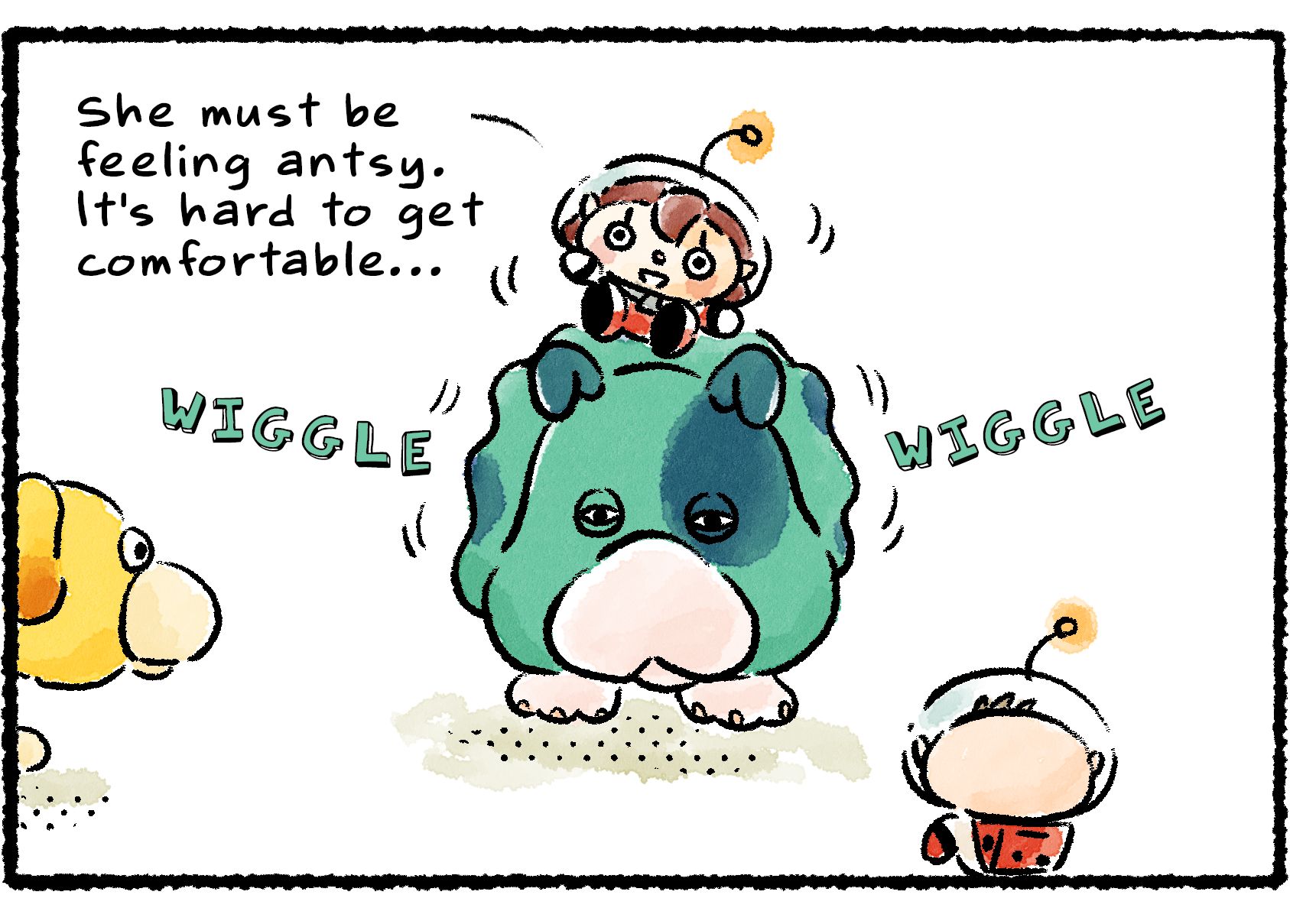 Panel three. Moss starts to wiggle irritably. "She must be feeling antsy," the Rescue Officer says, wobbling. "It's hard to get comfortable..."