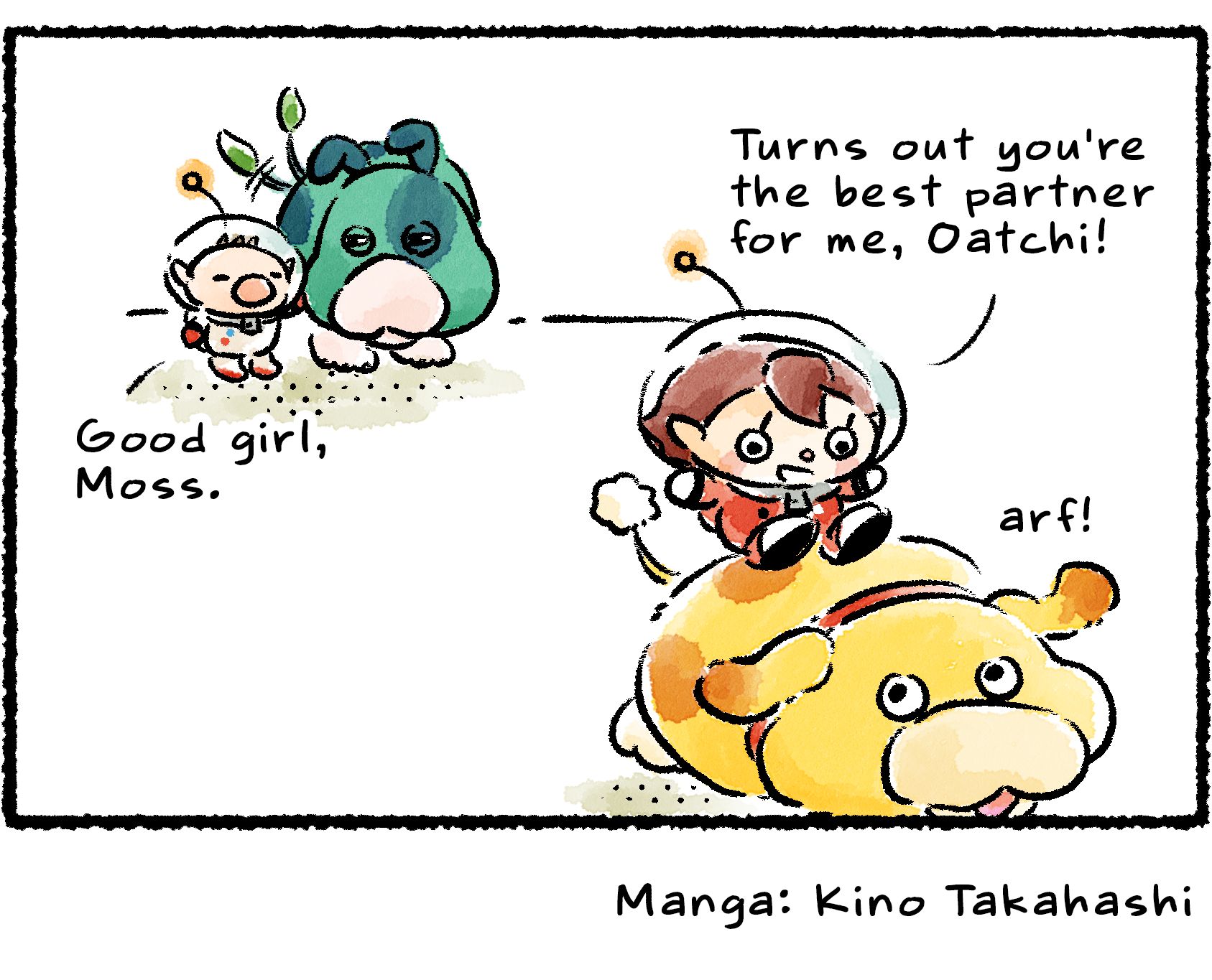 Panel four. The Rescue Officer rides off on Oatchi's back. "Turns out you're the best partner for me, Oatchi!" Oatchi barks contentedly. Behind them, Olimar pets Moss. "Good girl, Moss." Perhaps Moss sensed Oatchi's jealousy.