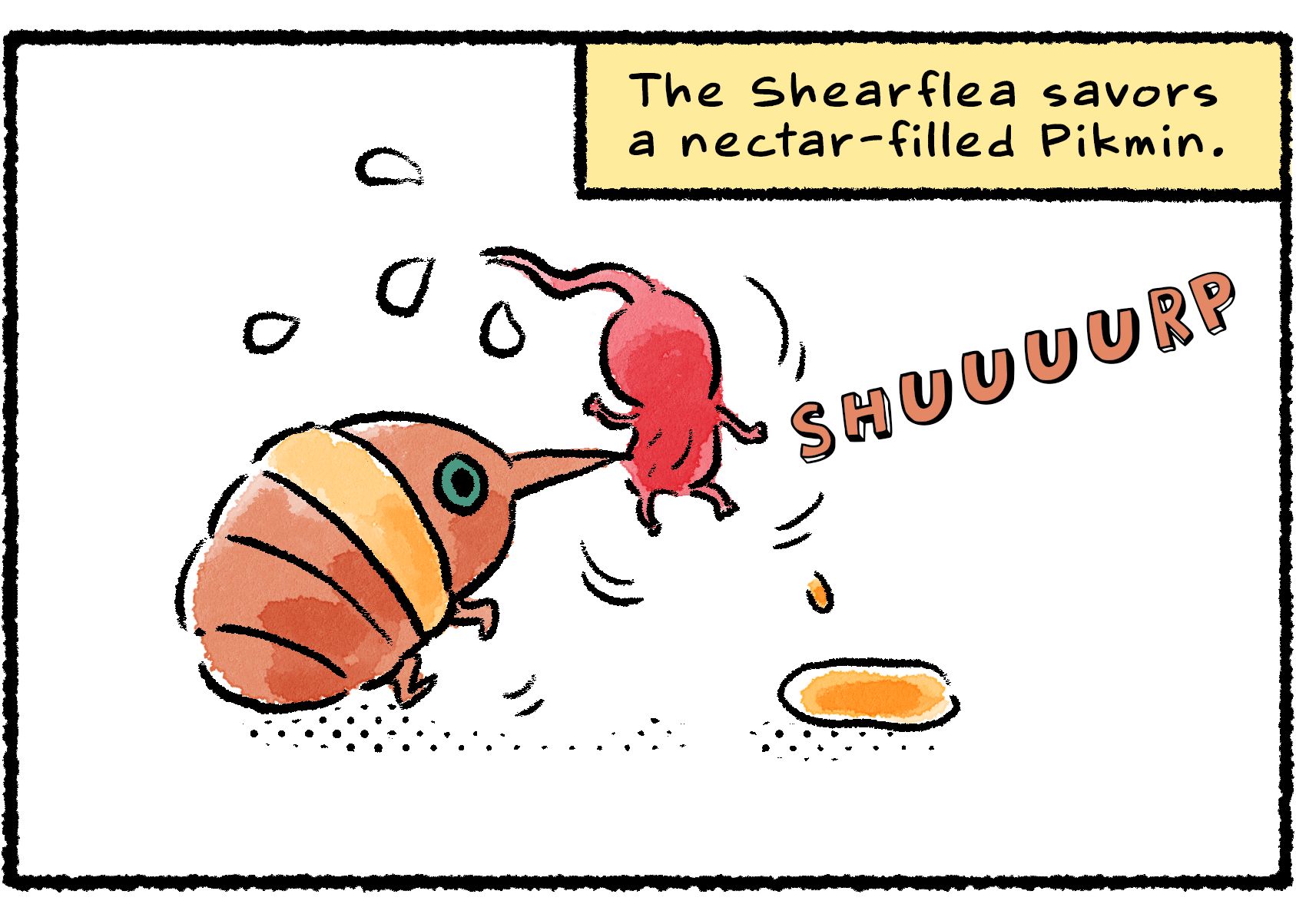 Panel two. A Shearflea pierces a Red Pikmin and slurps up the nectar inside it. Descriptive text reads: "The Shearflea savors a nectar-filled Pikmin."