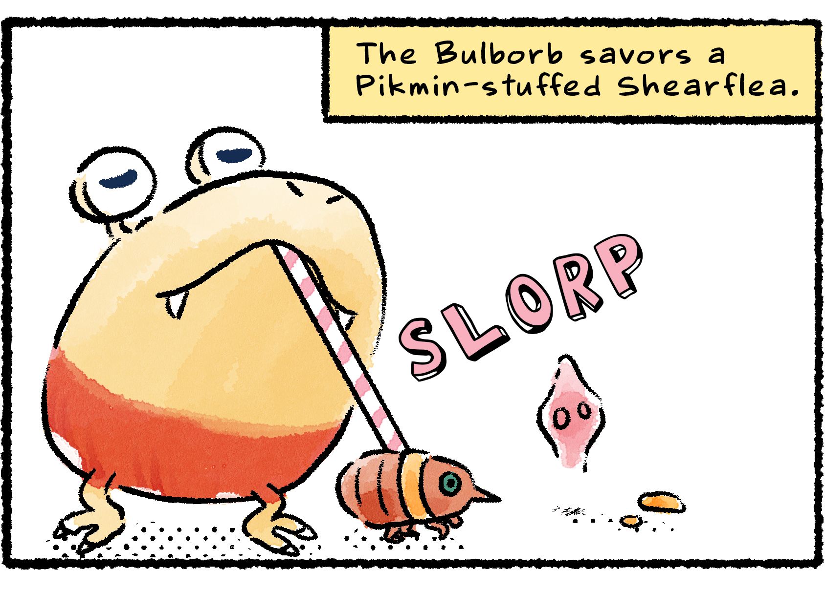 Panel three. A Bulborb is drinking the nectar out of the Shearflea with a straw. Descriptive text reads: "The Bulborb savors a Pikmin-stuffed Shearflea."