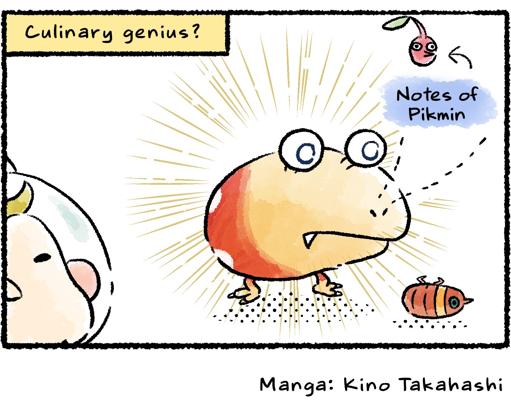 Panel four. The Bulborb's eyes go wide as it savors the taste and smell, and it detects notes of Pikmin in the flavor. Descriptive text reads: "Culinary genius?"