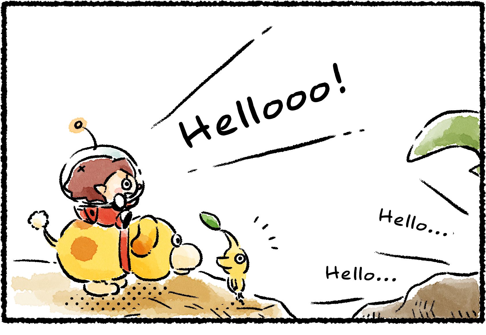 Panel one. Sitting on Oatchi's back, with a Yellow Pikmin nearby, a Rescue Officer calls out over the edge of a cliff: "Hellooo!" Her voice echoes back, "Hello... Hello..."