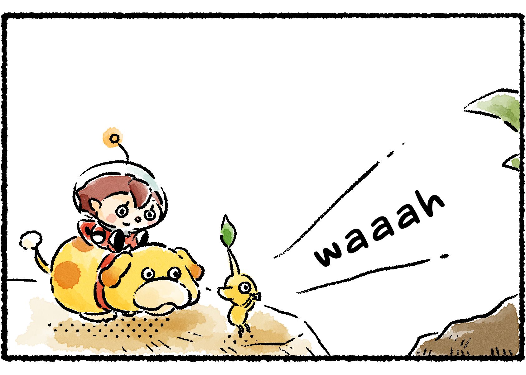 Panel two. The Yellow Pikmin takes a turn shouting over the cliff: "waaah".