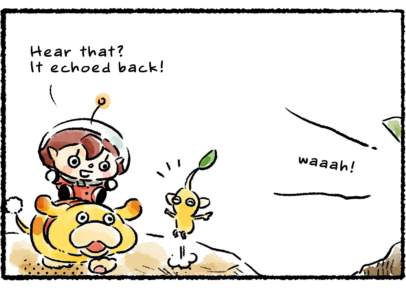 Panel three. They hear a reply: "waaah!" The Rescue Officer says, "Hear that? It echoed back!" The Yellow Pikmin jumps up and down, delighted.