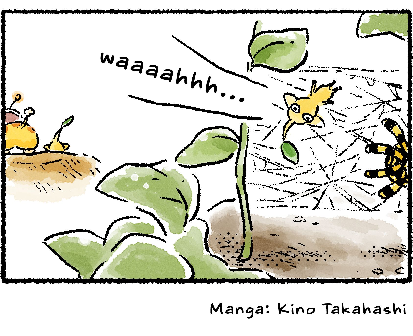 Panel four. The Rescue Officer, Oatchi, and Yellow Pikmin turn away from the cliff. Meanwhile, a different Yellow Pikmin is shown caught in an Arachnode's web. Its cries for help were the echo they heard.