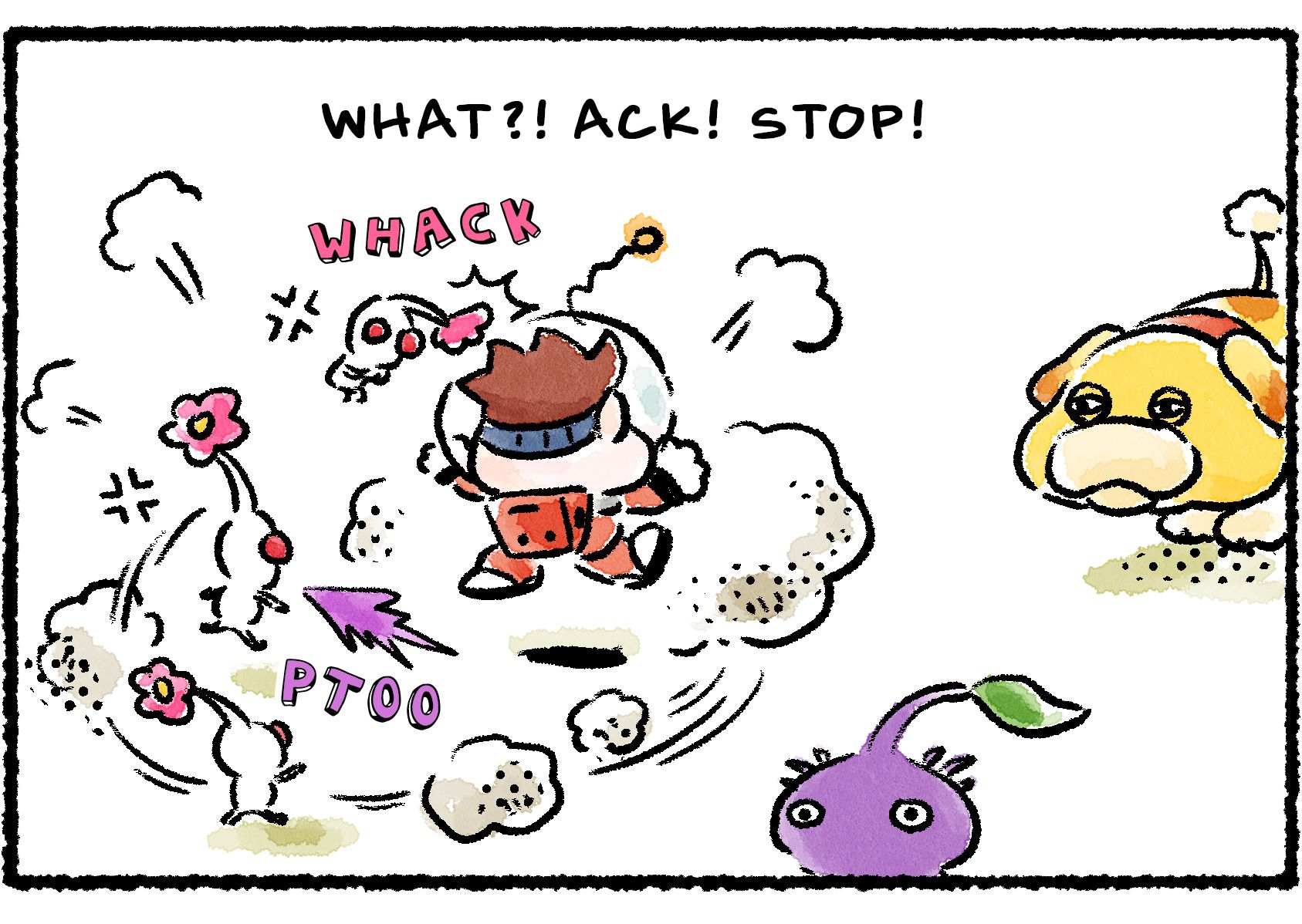 Panel two. Oatchi and the Purple Pikmin watch as the White Pikmin beat Dingo up, thwacking him and spitting poison at him. "WHAT?!" Dingo cries out. "ACK! STOP!"