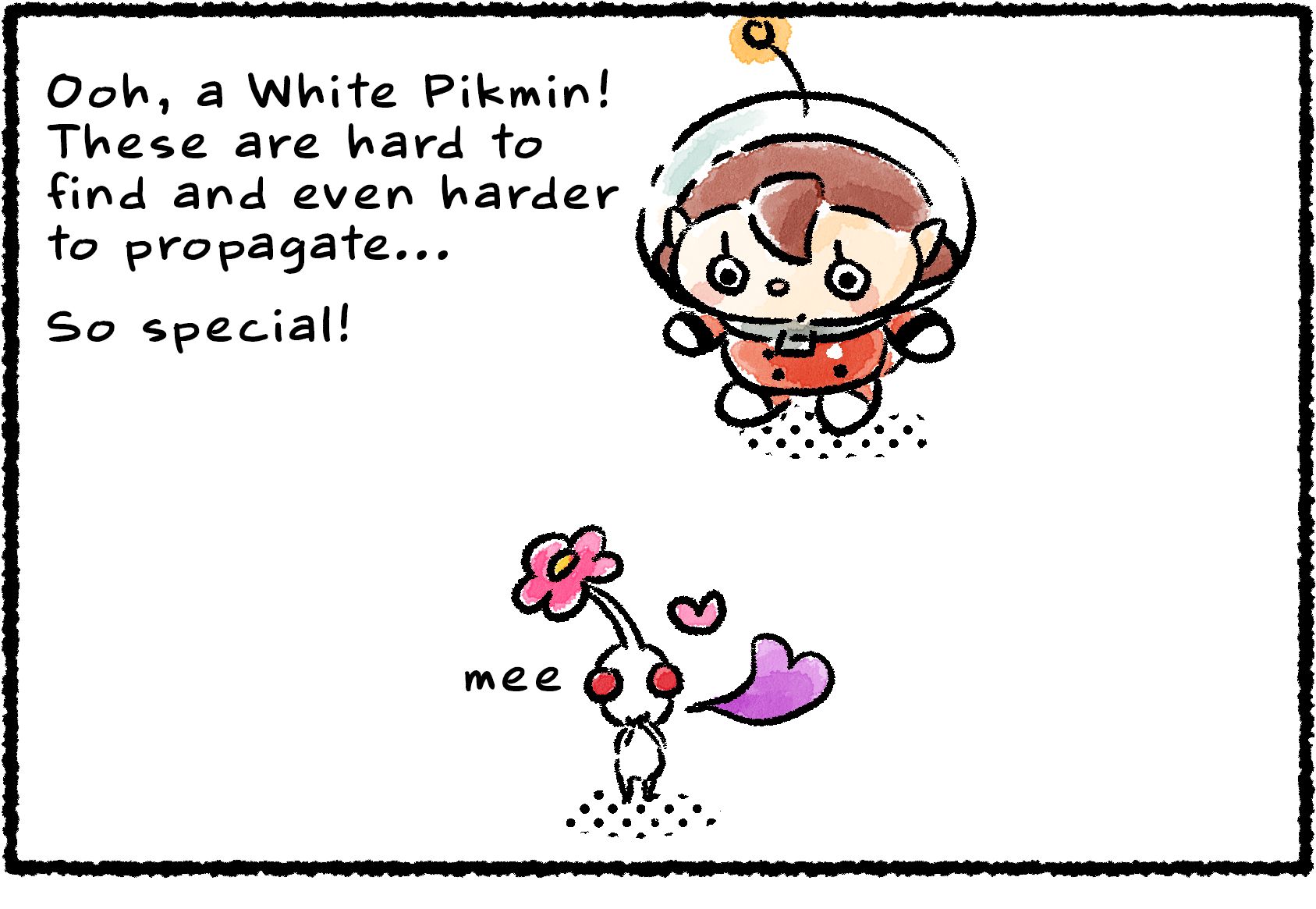 Panel one. A Rescue Officer comes upon a White Pikmin. "Ooh, a White Pikmin!" she says. "These are hard to find and even harder to propagate... That's why they're so special!" A little heart by the Pikmin illustrates the Rescue Officer's delight.