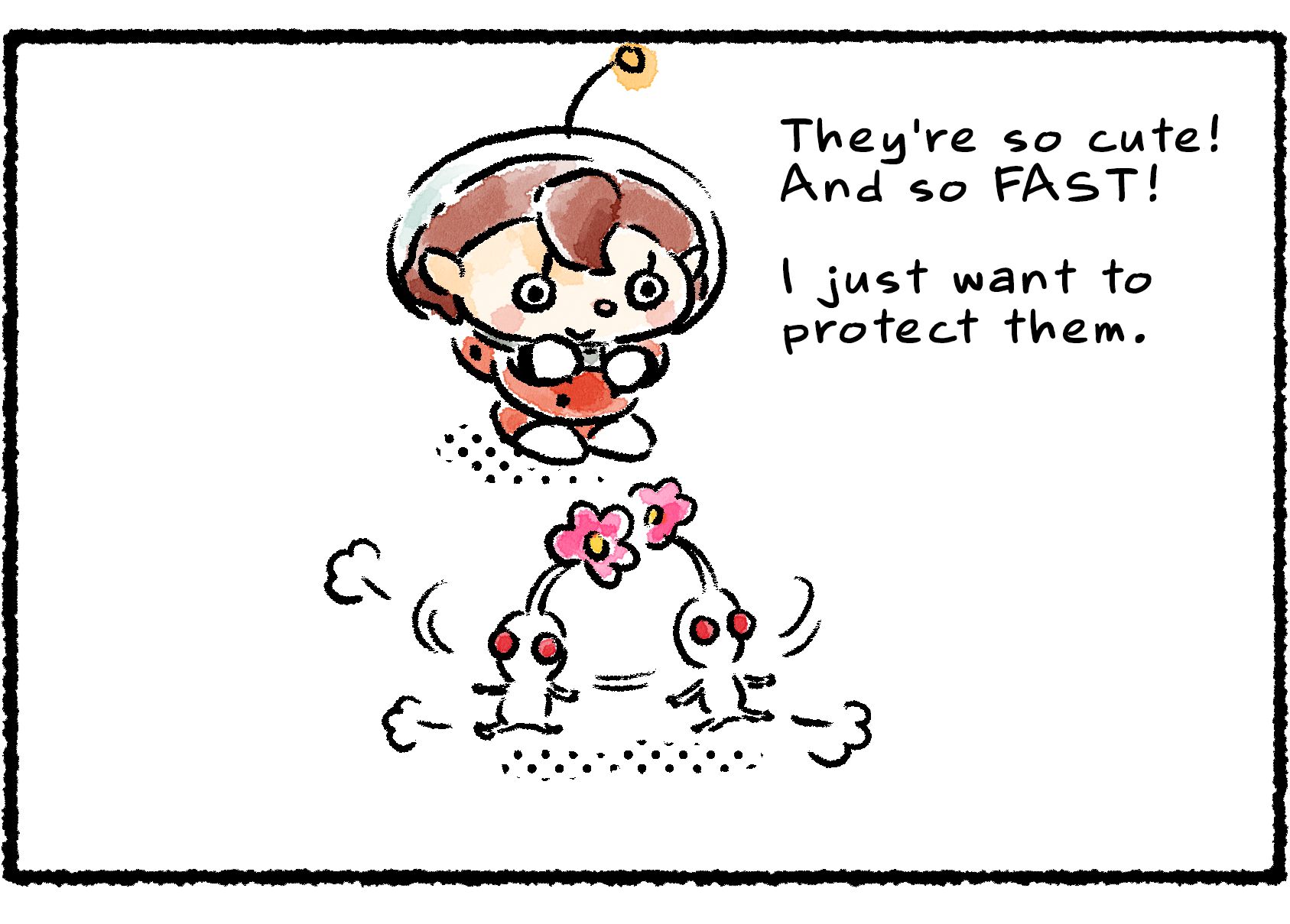 Panel two. The Rescue Officer adoringly watches two White Pikmin scamper around. "I just want to protect them," she says. "They're so cute! And so FAST!"
