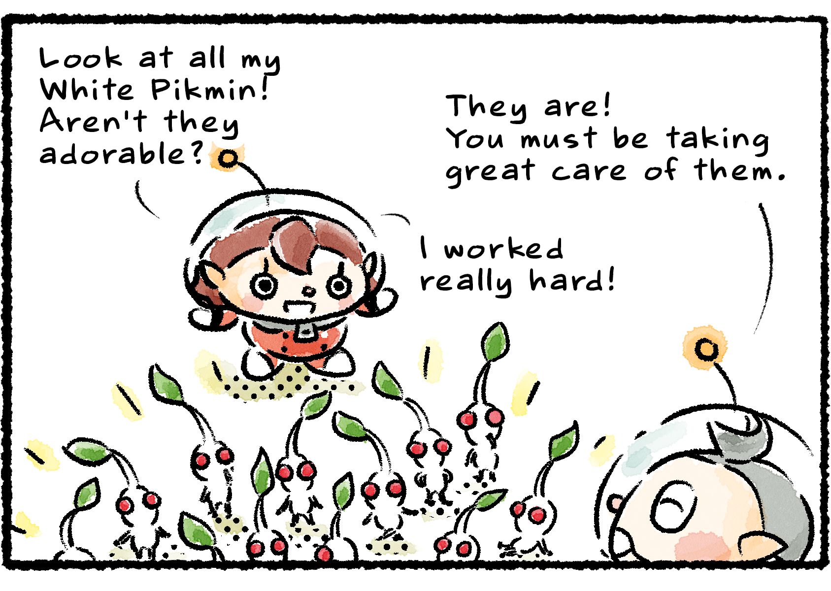 Panel four. The Rescue Officer blows her whistle and prepares to lead her White Pikmin. "Now it's time to go poison some enemies," she says. "I hope they're hungry! Let's do this." Collin watches in disbelief. "What did she say?!"