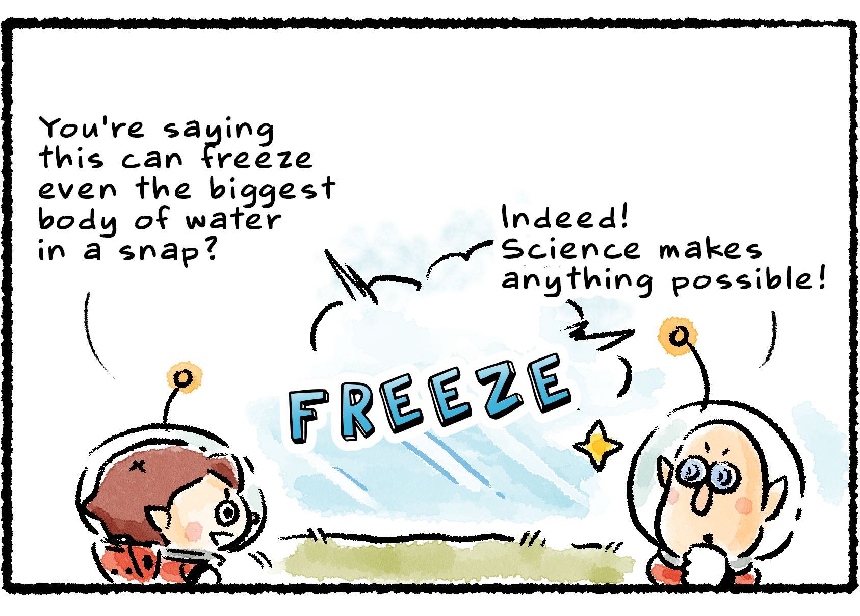 Panel three. Russ and the Rescue Officer watch the Ice Blast detonate. "You're saying this can freeze even the biggest body of water in a snap?" the Rescue Officer says, amazed. "Indeed!" Russ replies. "Science makes anything possible!"