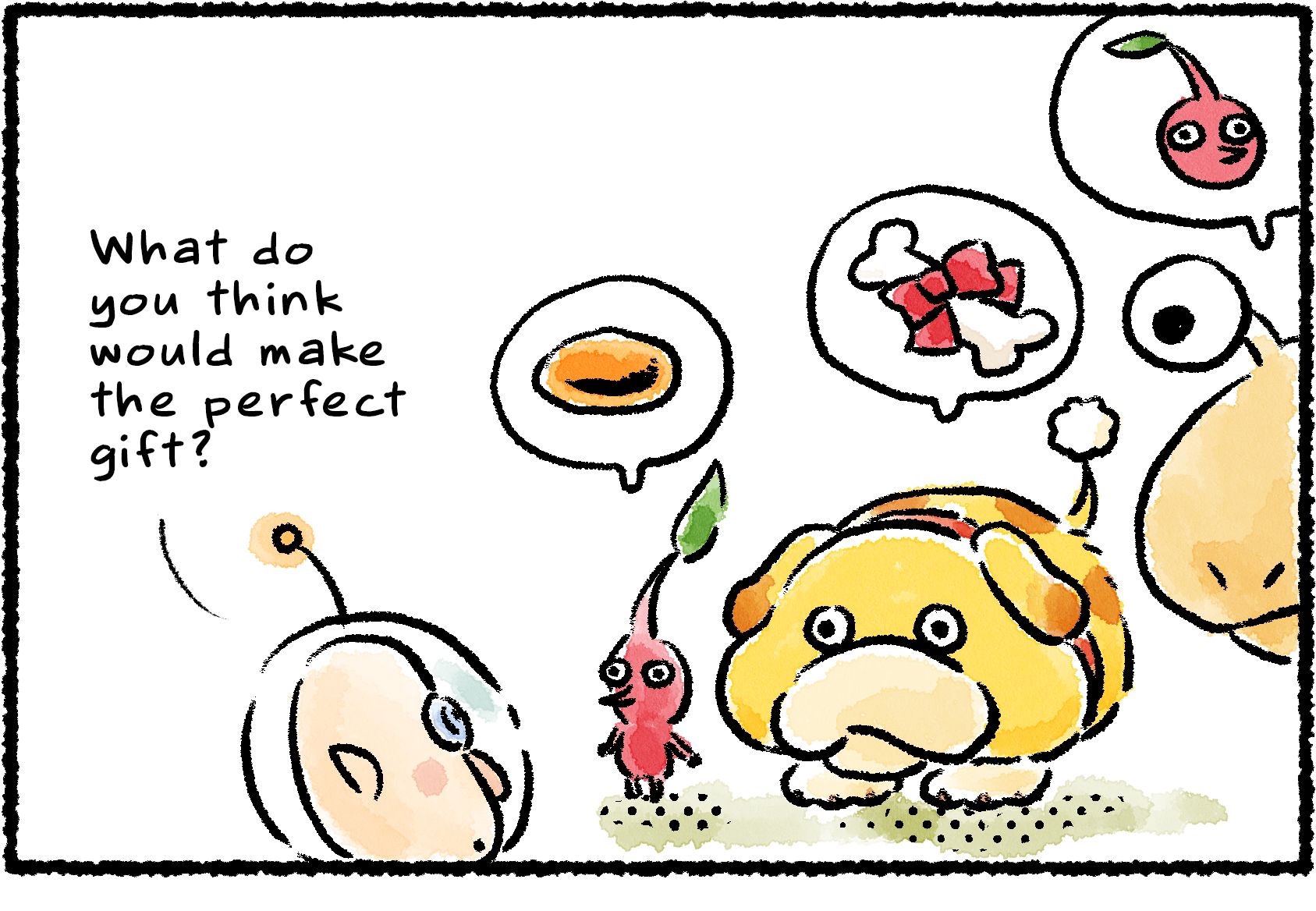 Panel one. Russ asks Oatchi, a Red Pikmin, and a Bulborb, "What do you think would make the perfect gift?" The Red Pikmin says nectar, Oatchi says a Scrummy Bone, and the Bulborb says a Red Pikmin.