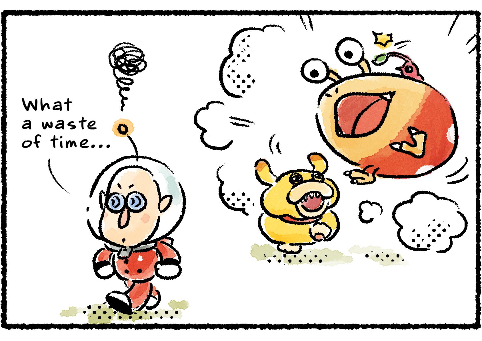 Panel two. As Oatchi, the Bulborb, and the Red Pikmin fight over which gift idea is best, Russ storms off in a huff. "What a waste of time..."