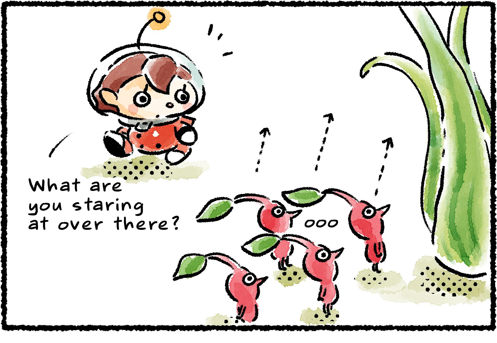 Panel one. Several Red Pikmin are staring at a plant. "What are you staring at over there?" a Rescue Officer asks while walking by.
