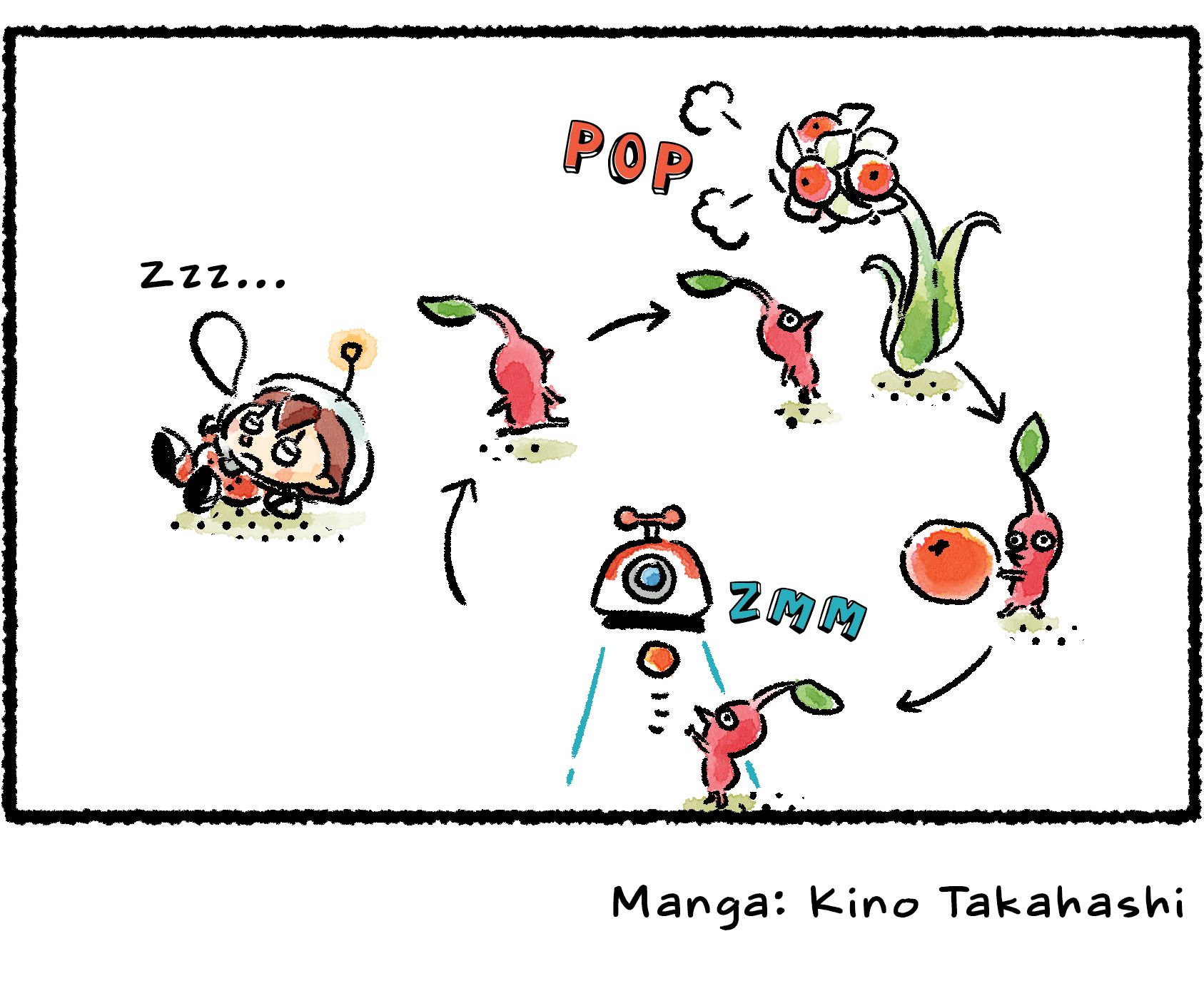 Panel four. The Rescue Officer has fallen asleep. The Pikmin continue to gather the Ultra-Spicy Berries in a continuous loop.