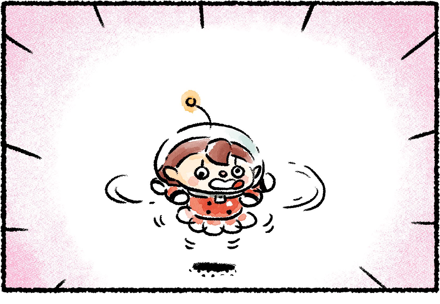 Panel one. A Rescue Officer jumps into the air, flailing all her limbs wildly and making a silly face with her tongue sticking out.