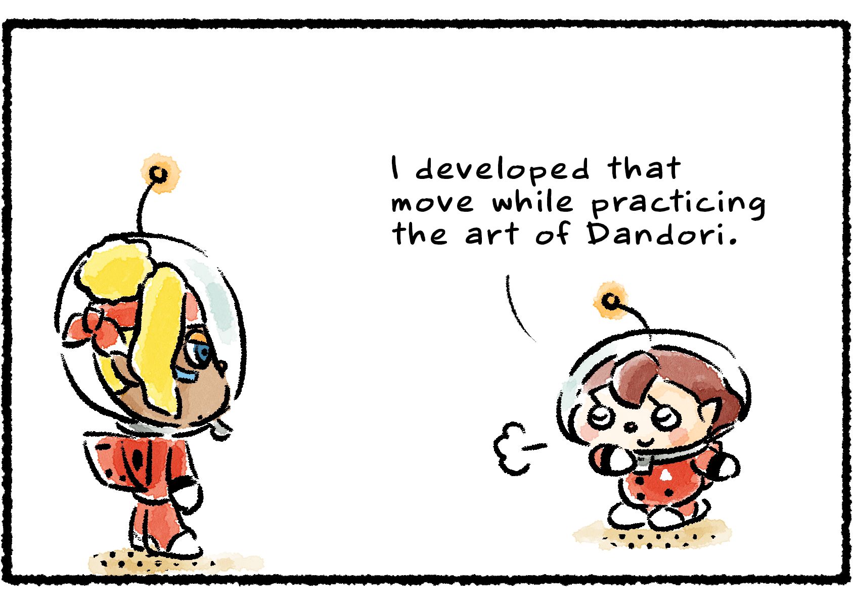 Panel two. The Rescue Officer explains to Shepherd what she was doing. "I developed that move while practicing the art of Dandori," she says.