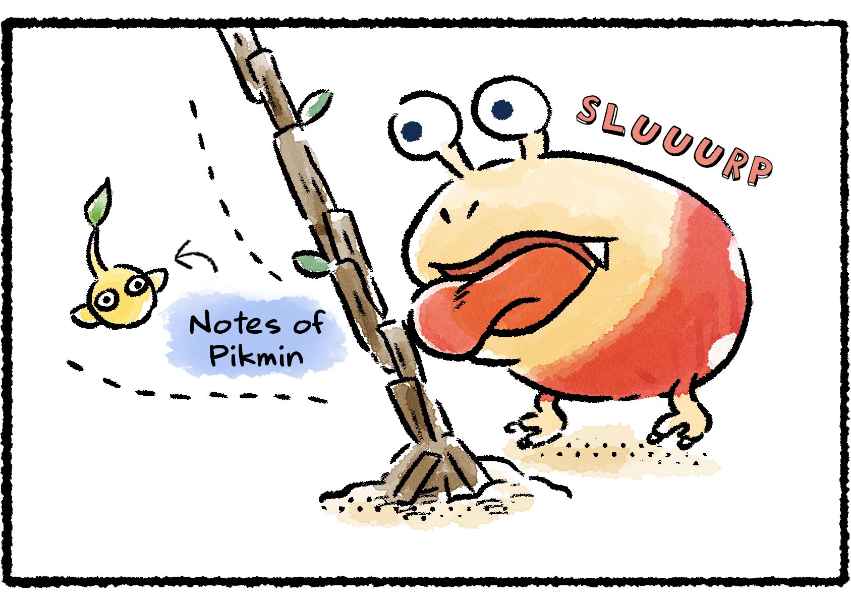 Panel three. After the Yellow Pikmin assembles the climbing stick, a Bulborb comes over and licks it with a slurp. Descriptive text indicates the stick's flavor profile: "Notes of Pikmin..."