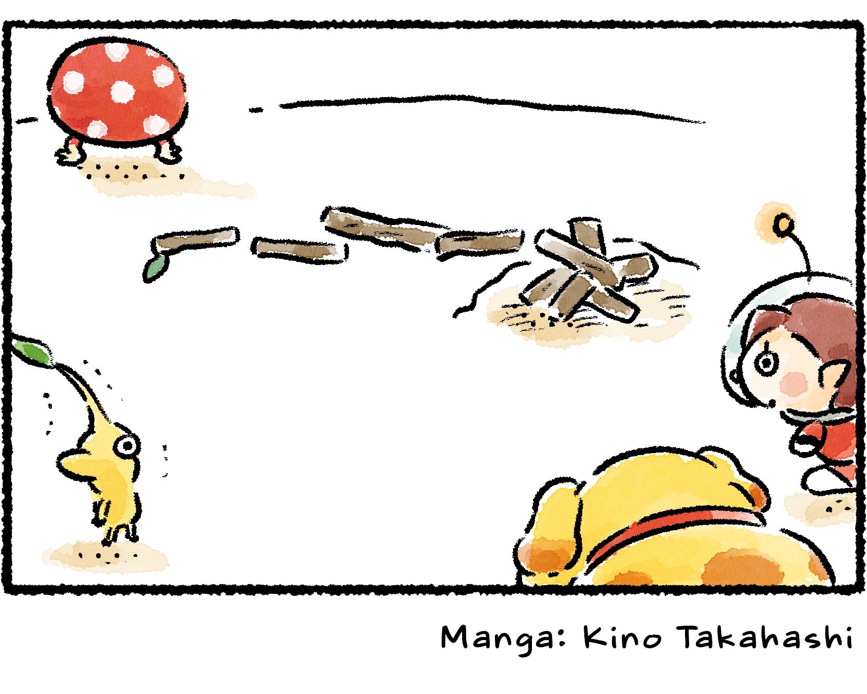 Panel four. The Rescue Officer, Oatchi, and the Yellow Pikmin stare at each other as the Bulborb wanders off, leaving the pieces of the broken climbing stick lying in its wake.