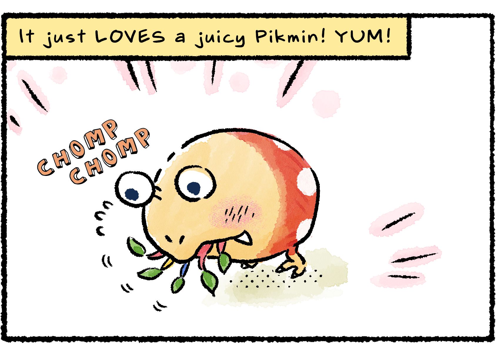 Panel two. The Bulborb chomps down on a group of Red Pikmin. Descriptive text reads, "It just LOVES a juicy Pikmin! YUM!"