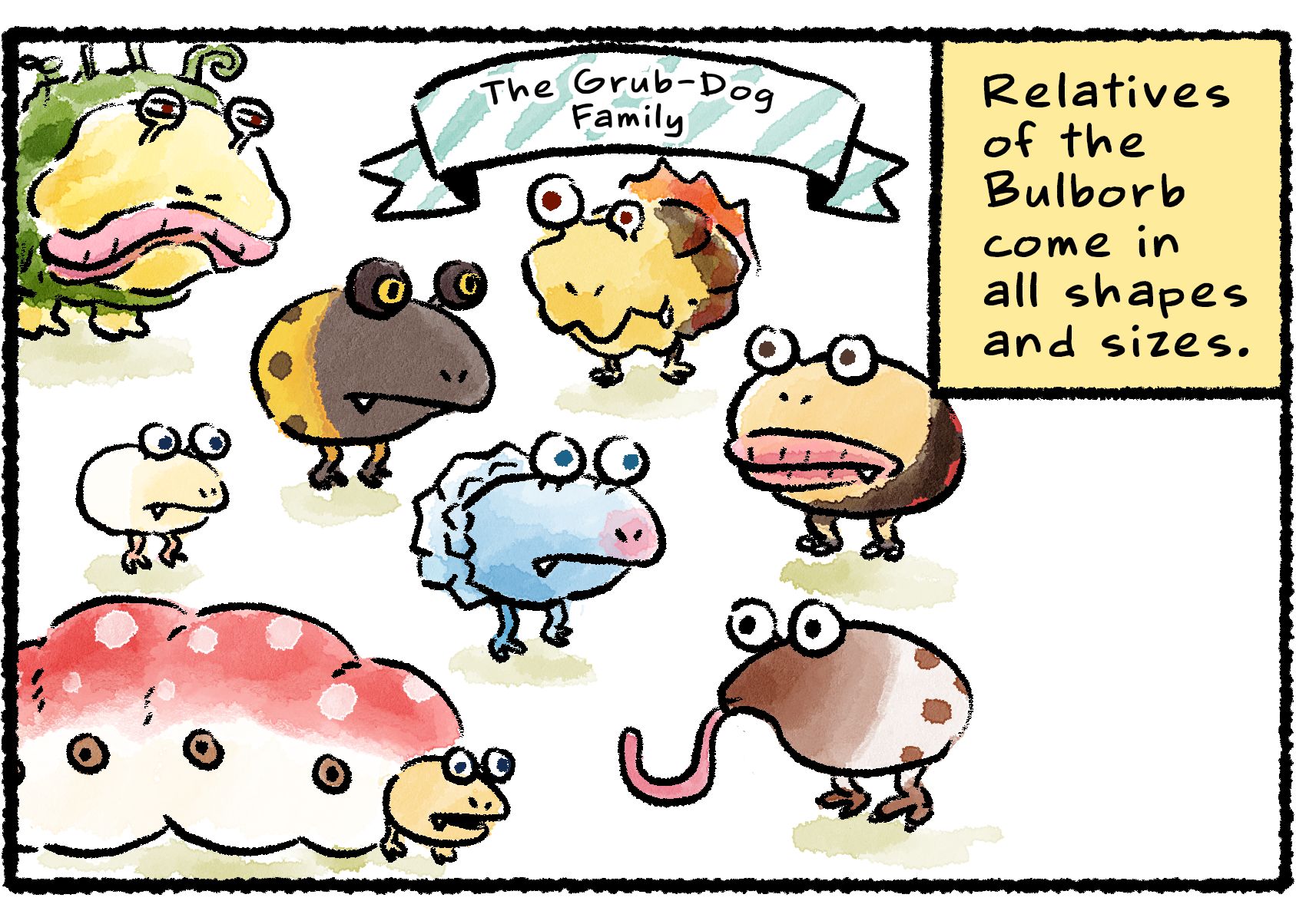 Panel three. Bulborb variants appear under a banner reading "The Grub-Dog Family," including an Orange Bulborb, Fiery Bulblax, Emperor and Emperess Bulblax, and others. Descriptive text reads, "Relatives of the Bulborb come in all shapes and sizes."