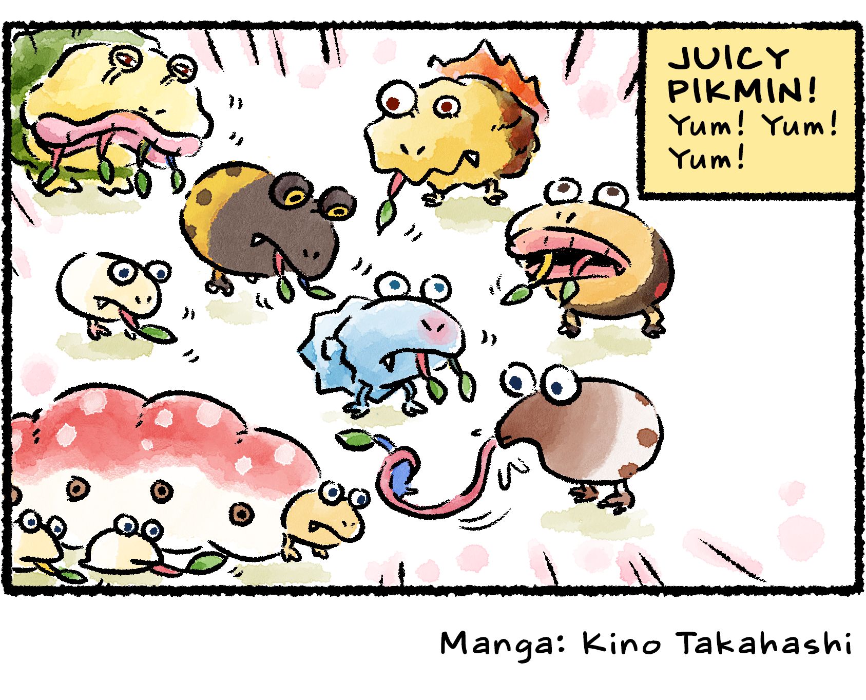 Panel four. The group of Bulborb relatives from the previous panel are all seen devouring Pikmin. Descriptive text reads, "JUICY PIKMIN! Yum! Yum! Yum!"