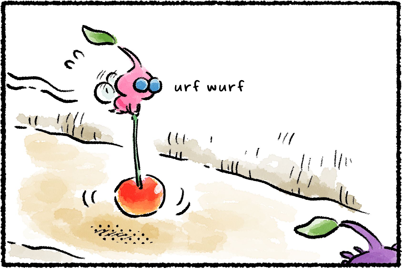 Panel one. A Winged Pikmin is carrying a cherry by the stem. A Purple Pikmin is sitting in the Winged Pikmin's path.