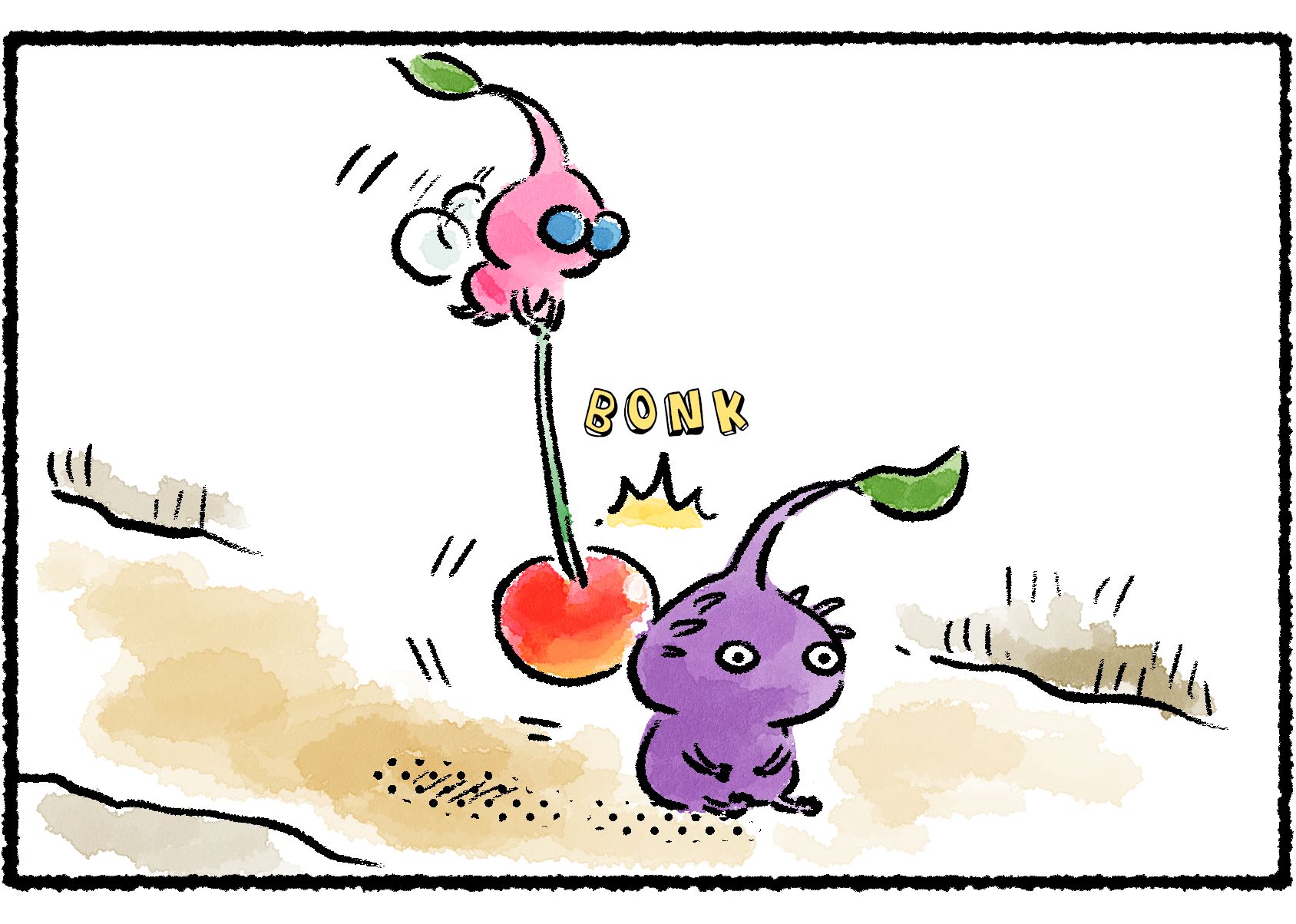 Panel two. The Winged Pikmin's cherry bonks the Purple Pikmin on the back of the head as the Winged Pikmin passes overhead.