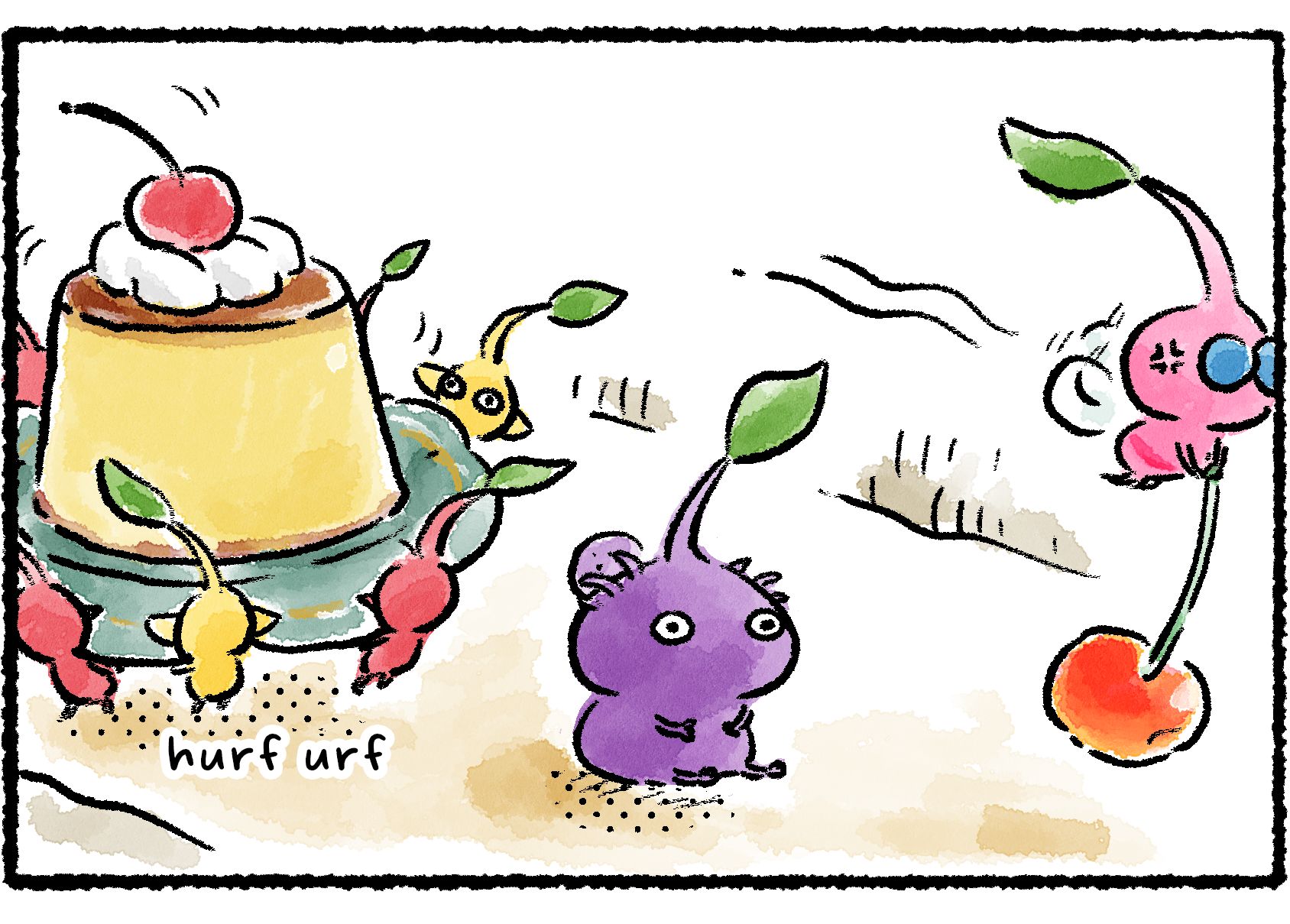 Panel three. A group of Pikmin carrying a plate of pudding, topped with whipped cream and a cherry, are following the same path as the Winged Pikmin. The Purple Pikmin, still sitting in the way, has a bump on its head from where the cherry hit it.