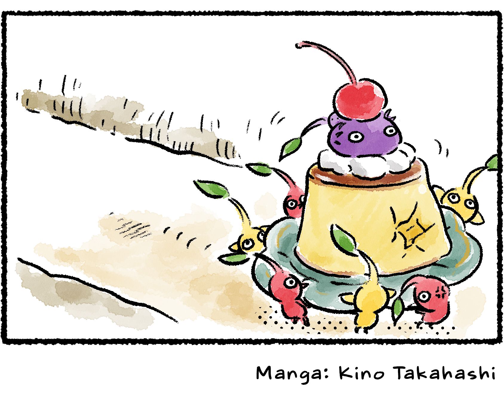 Panel four. As the group overtakes the Purple Pikmin, it somehow ends up inside the pudding. There's a Pikmin-shaped hole in the front of the pudding, and the Purple Pikmin's head is sticking out the top of it, between whipped cream and cherry.