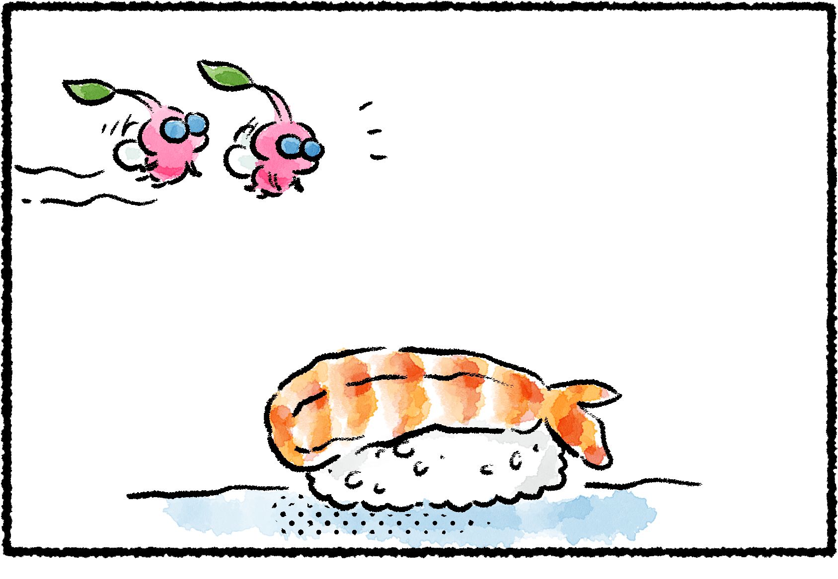 Panel one. A pair of Winged Pikmin come upon a piece of sushi.