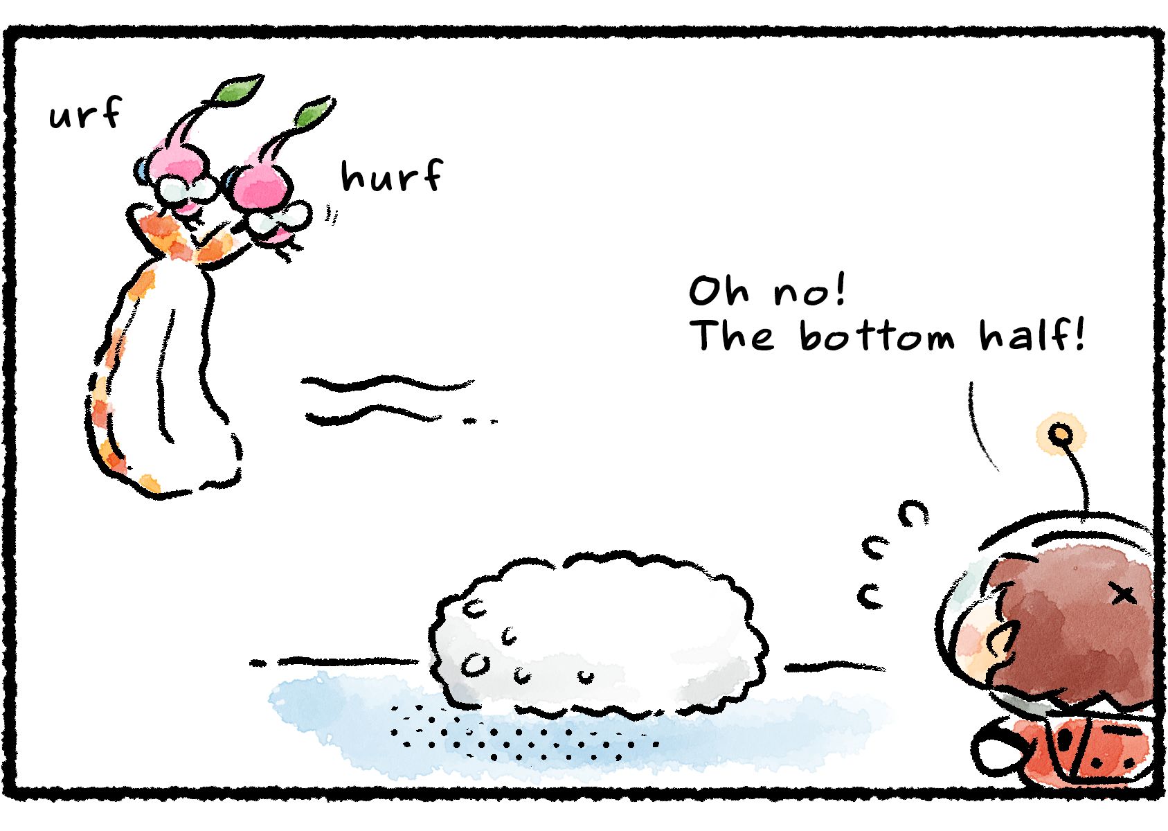 Panel two. The Winged Pikmin carry off the piece of fish, leaving the rice the fish had been sitting on behind.