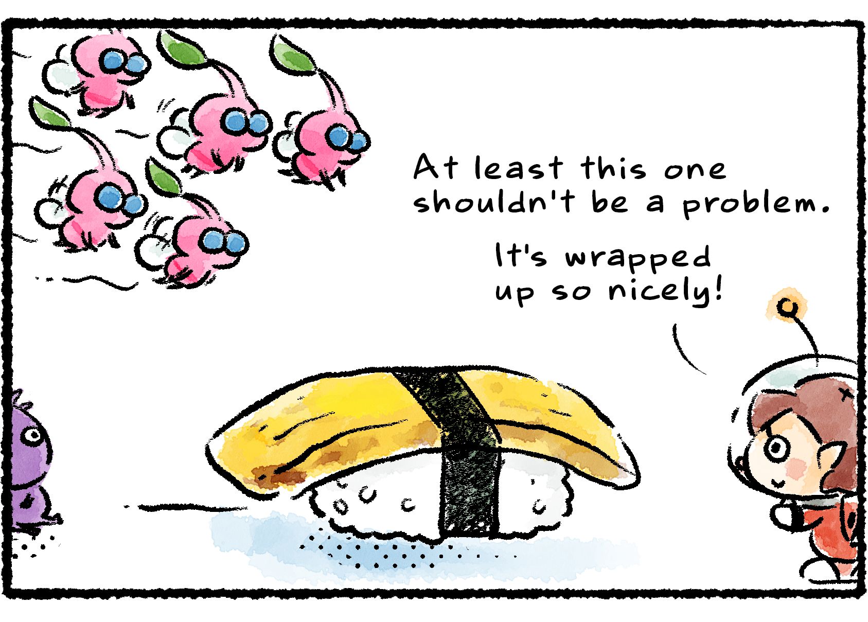 Panel three. A group of Winged Pikmin comes upon another piece of sushi, but this one is tied together with a strip of seaweed.