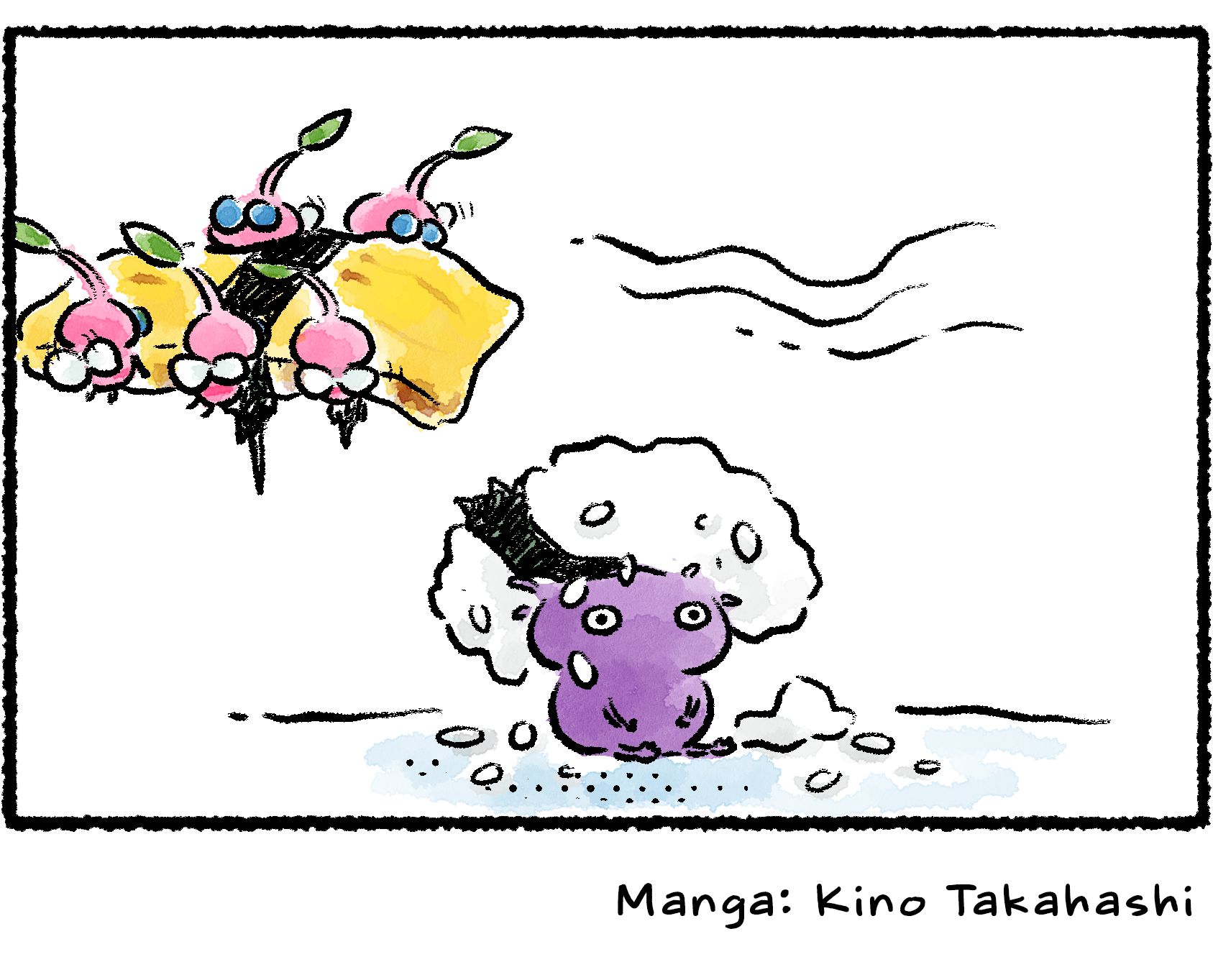 Panel four. As the Winged Pikmin carry the sushi, the strip of seaweed tying it together breaks. The rice falls and lands all over a Purple Pikmin's head.