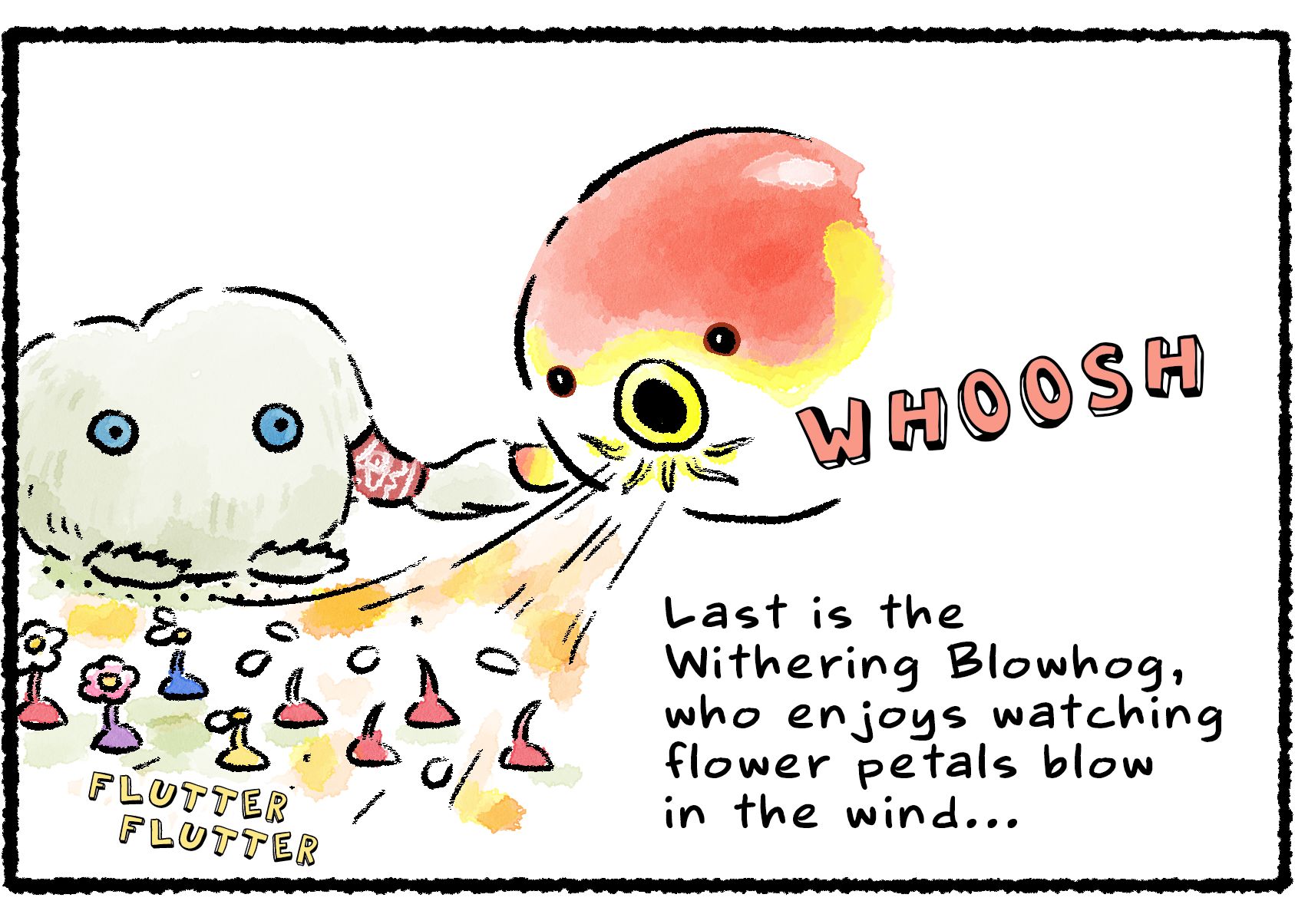 Panel three. A Withering Blowhog comes along and blows all the flowers off the Pikmin the Mamuta was watching. "Last is the Withering Blowhog," Kingsly says, "who enjoys watching flower petals blow in the wind..."