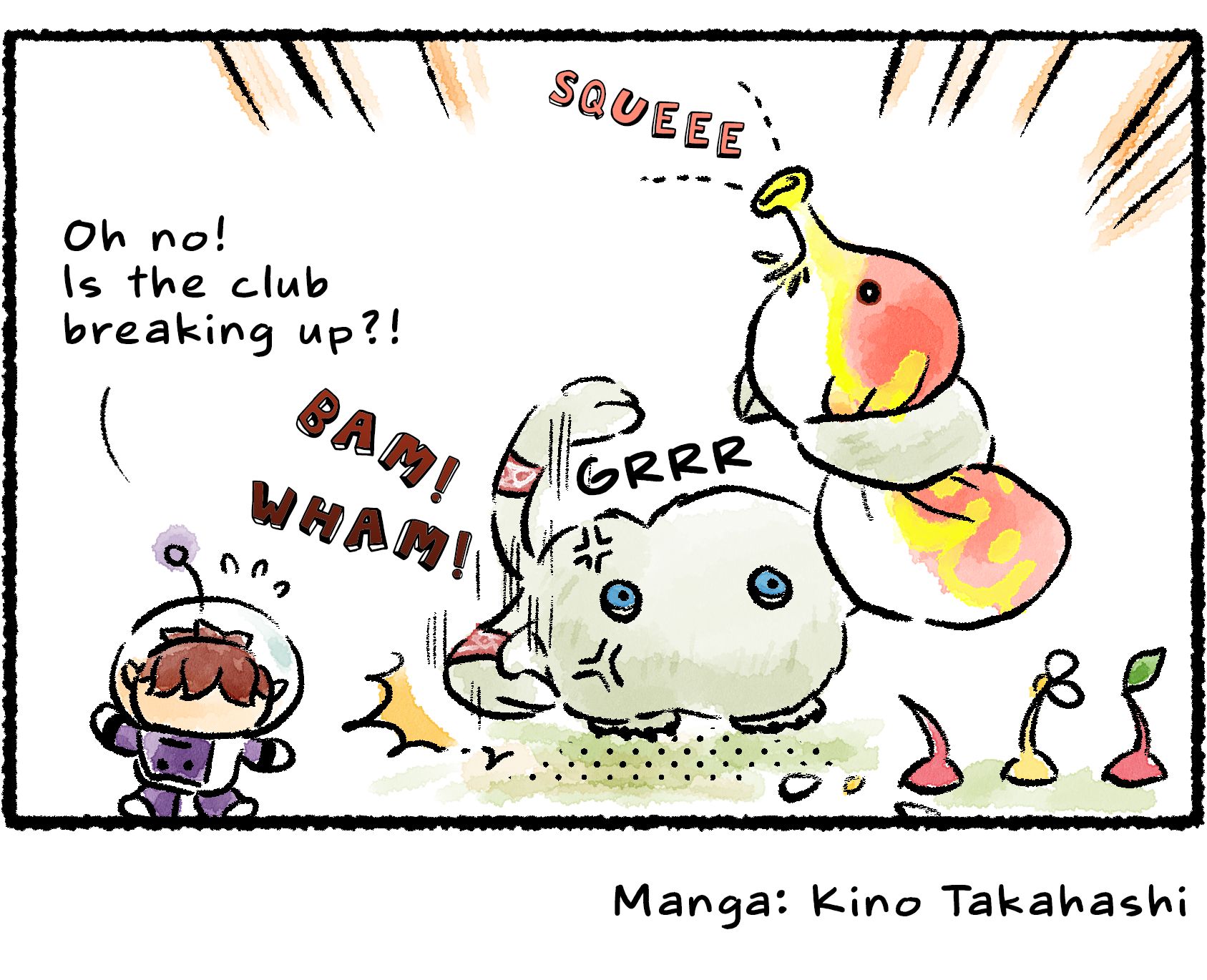 Panel four. The Mamuta, angry that its flowers are gone, is beating up the Withering Blowhog. "Oh no!" Kingsly says, looking on worriedly. "Is the club breaking up?!"