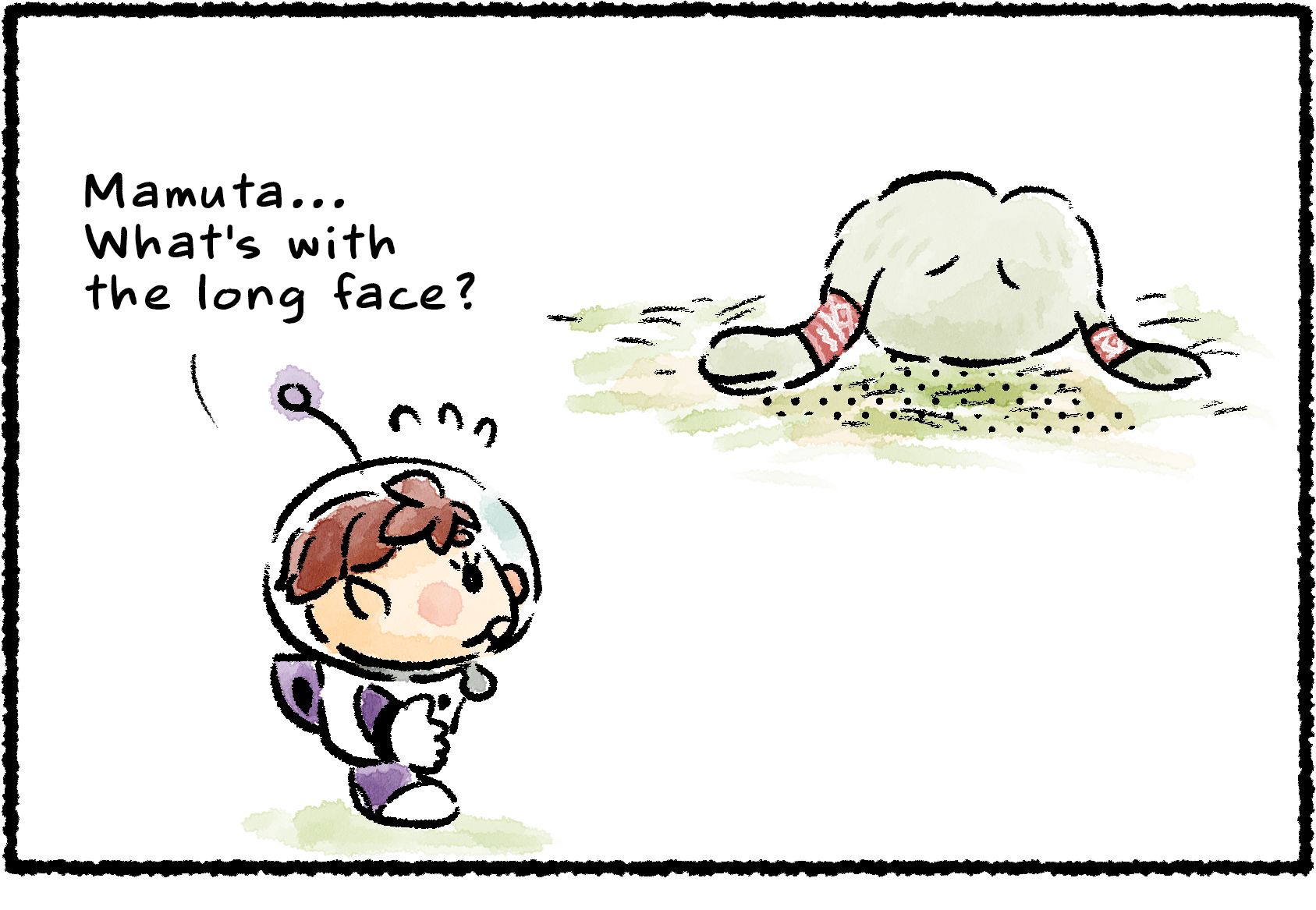 Panel one. Kingsly approaches a dejected-looking Mamuta. "Mamuta... What's with the long face?" he says.