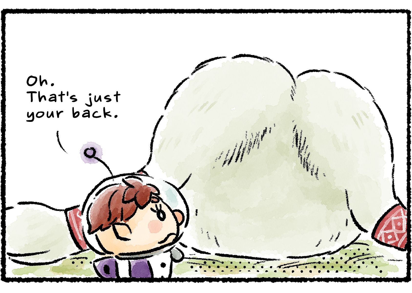 Panel two. As Kingsly gets closer to the Mamuta he realizes he's actually looking at it from behind. "Oh," he says. "That's just your back."