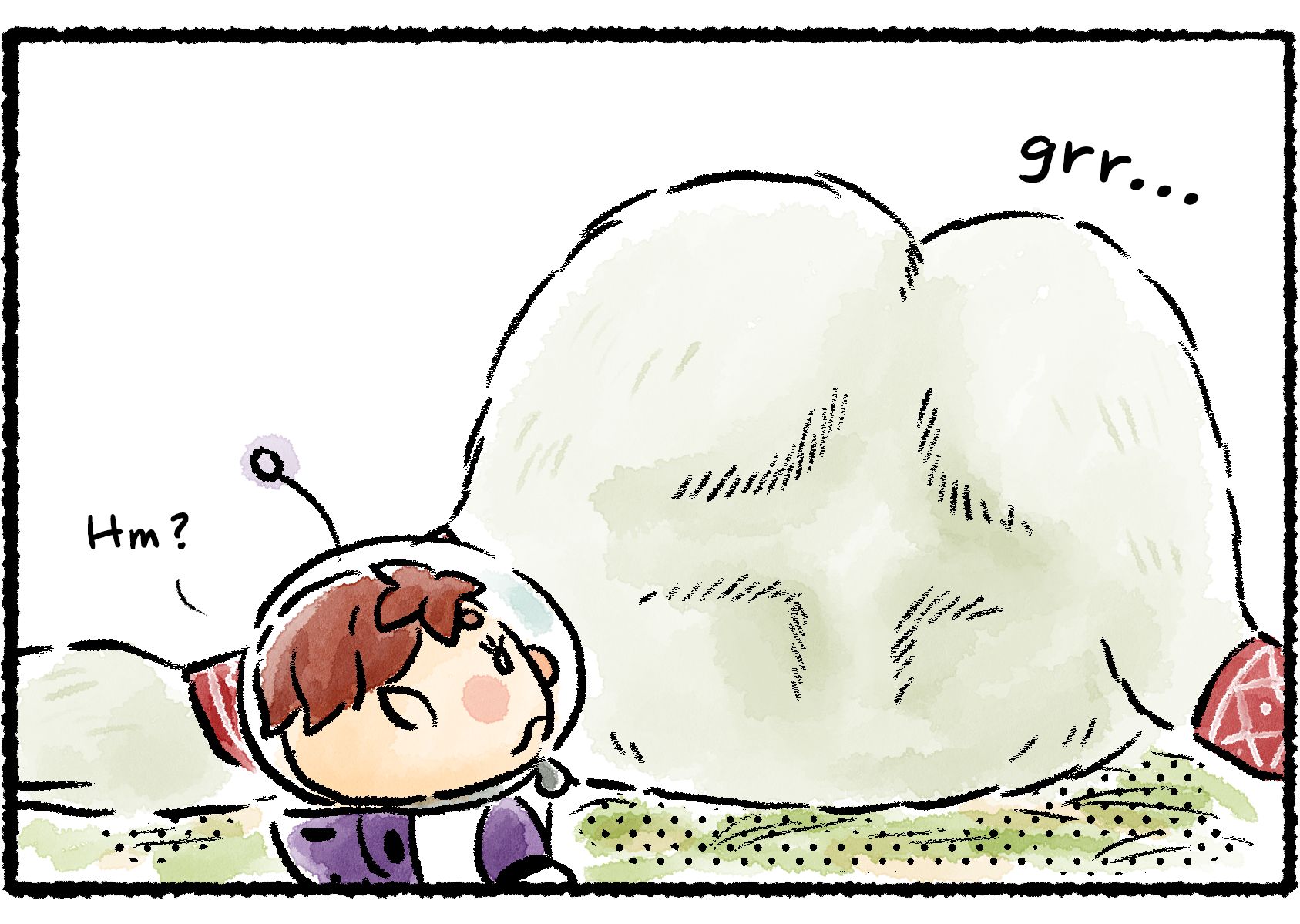 Panel three. The Mamuta growls. Kingsly is confused: "Hm?"